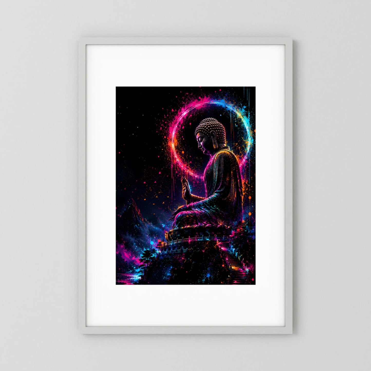 Kunstposter im Hochformat: meditierender Buddha im Neonkreis, pink-blau-orange leuchtend
