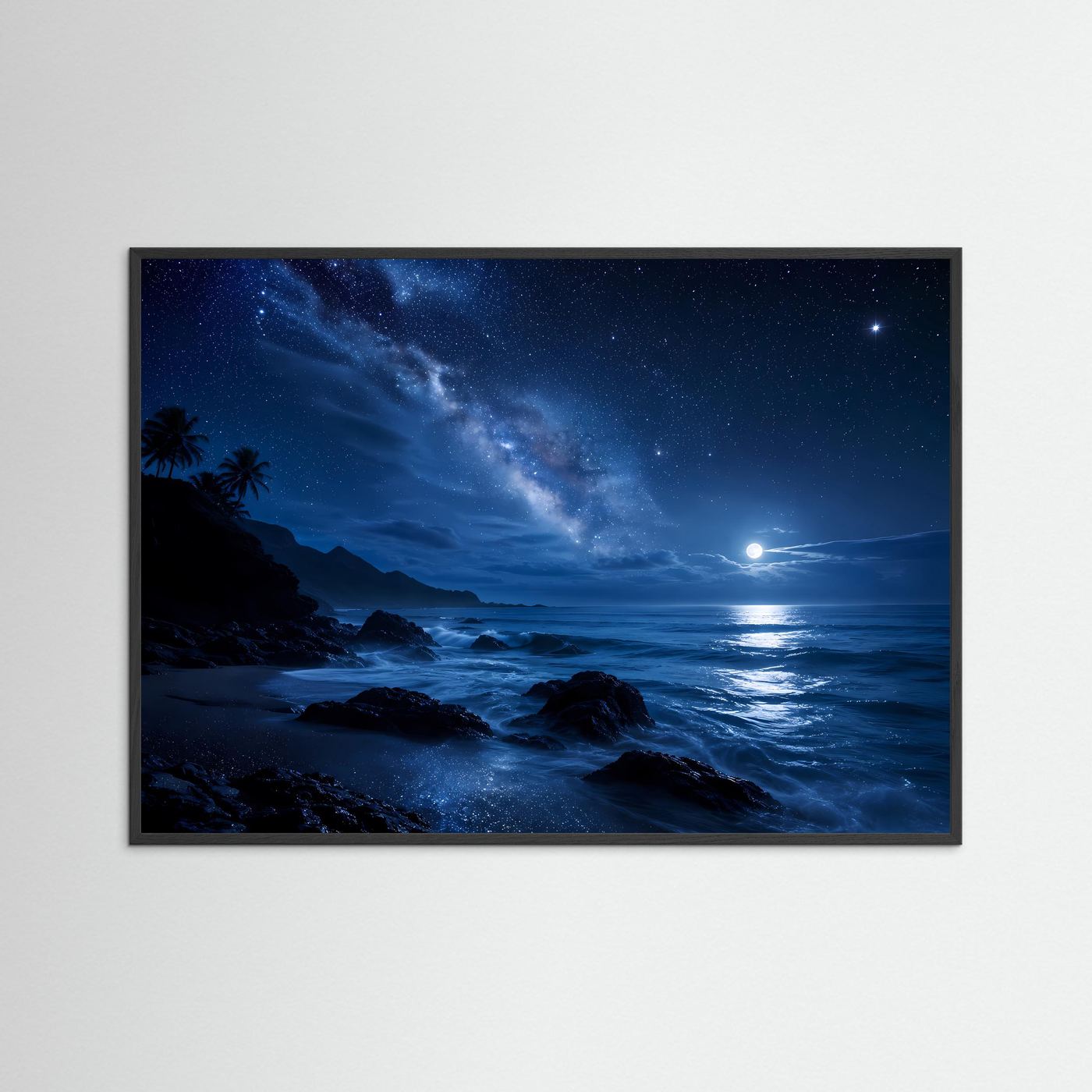 Mystische Mondnacht am Ozean | Nächtliches Küsten-Poster & Sternenhimmel Wandbild Querformat