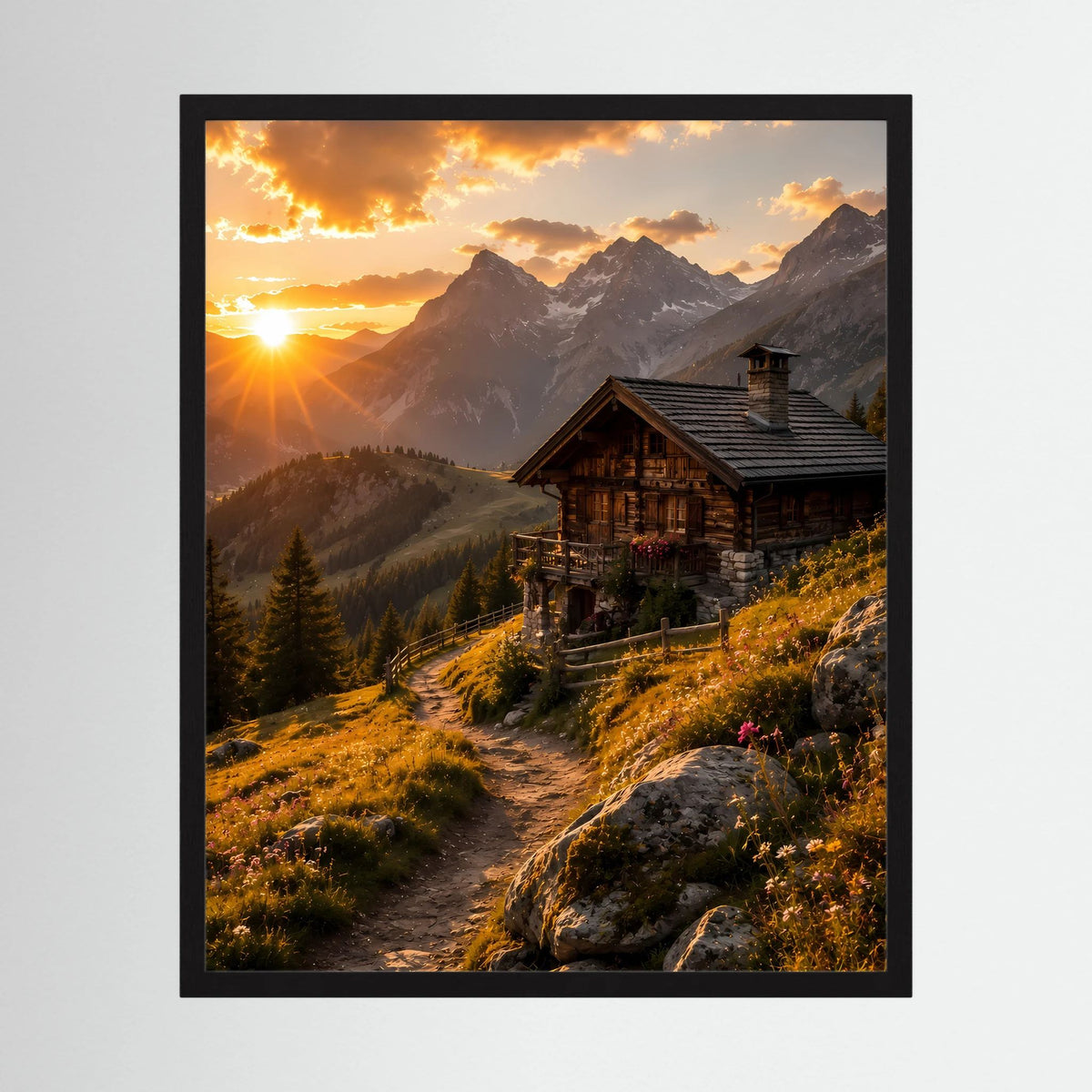 Hochformat-Poster im schwarzen Rahmen: Sonnenuntergang mit Holzberghütte