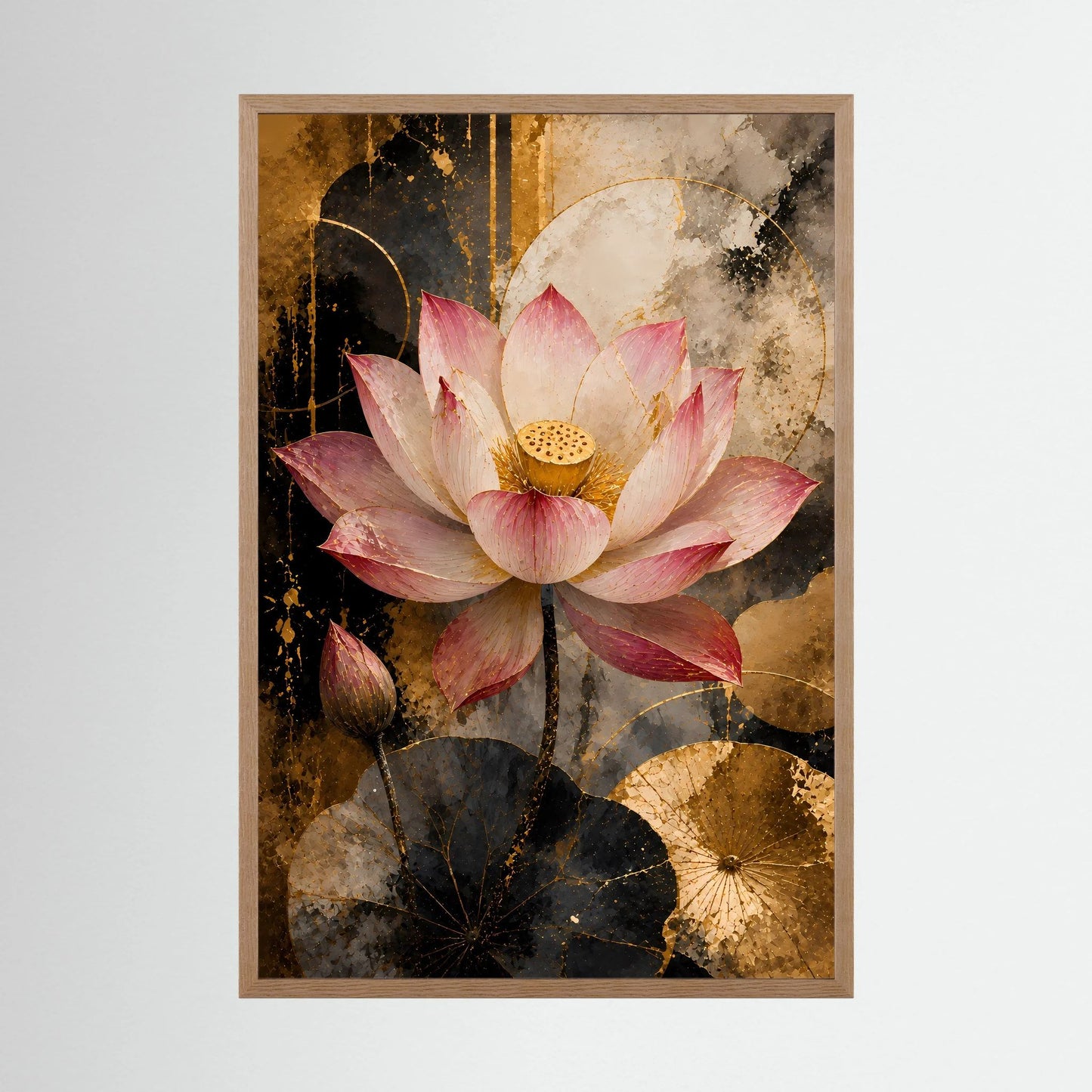 Rosa Lotusblüte in Gold & Schwarz | Elegante florale Kunst | Poster Hochformat