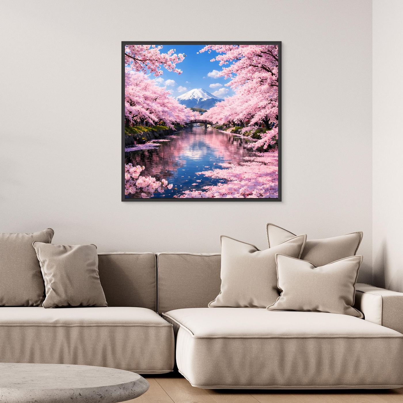 Leinwandbild mit Sakura-Blüten und Berg Fuji im schwarzen Rahmen, ruhiger Bach