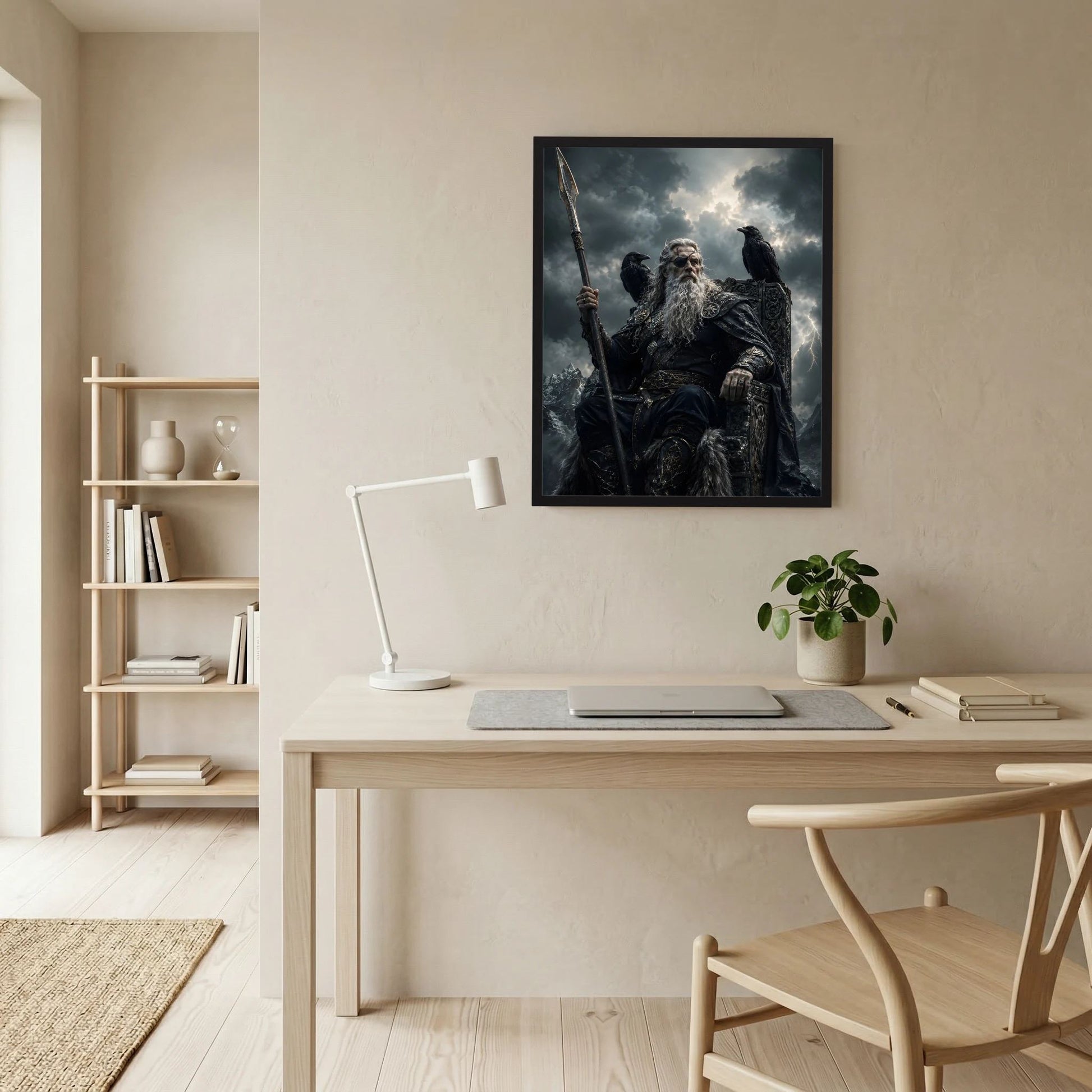 Gerahmtes Wikinger-Poster (Hochformat): Krieger mit Speer, Raben auf der Schulter, Schwarz.