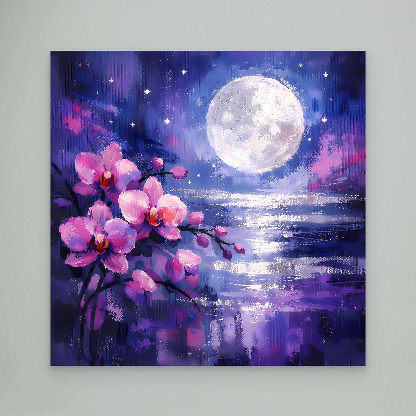 Wandbild auf Leinwand: rosa Orchideenast links, Vollmond und glänzende Wasseroberfläche
