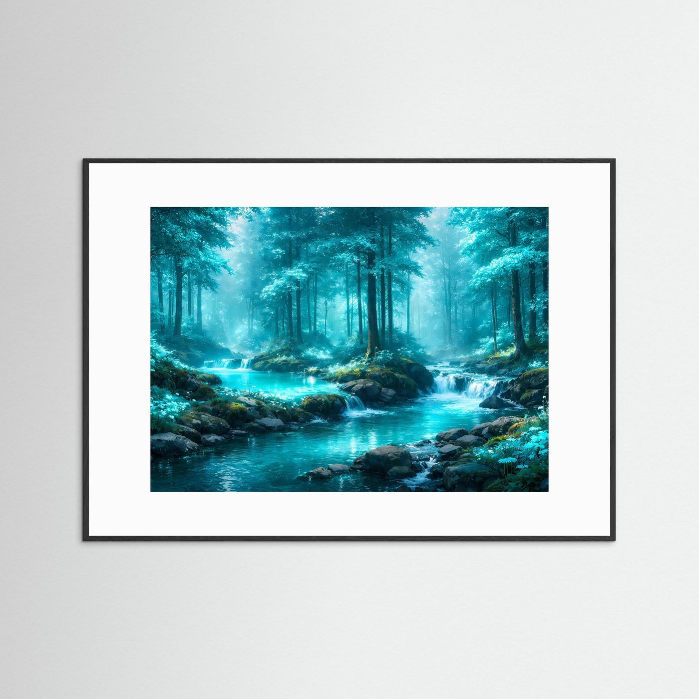 Gerahmtes Wandbild mit türkisem Fluss im Wald, schwarzer Rahmen mit weißer Innenkante.