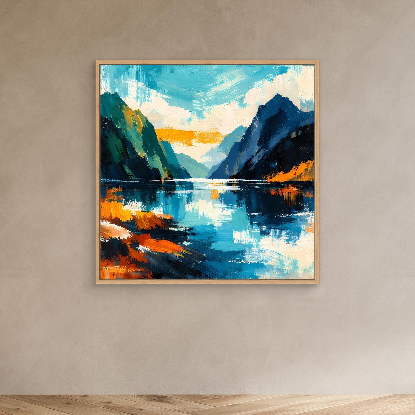 Abstraktes Leinwandbild Fjord-Landschaft mit Spiegelsee, gerahmt in hellem Holz (Eiche).
