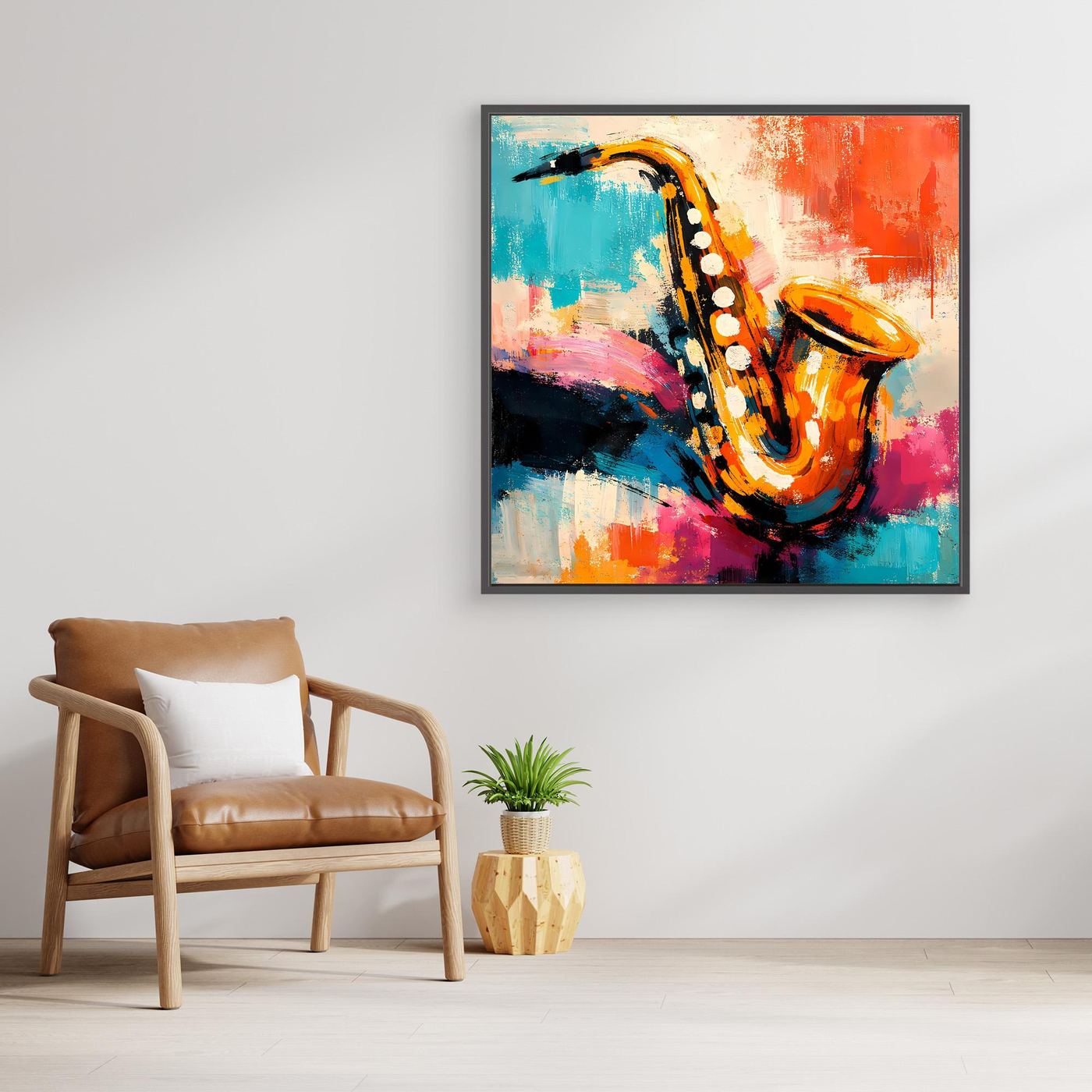 Framed canvas wall art with colorful abstract saxophone and splashes