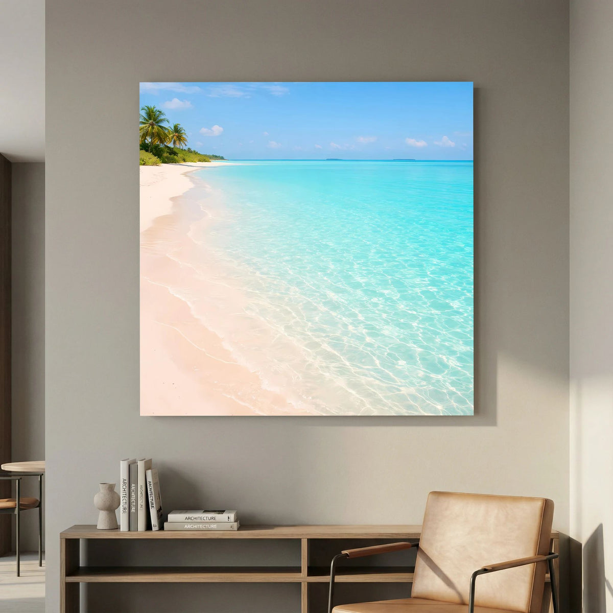 Leinwandbild Strandpanorama: türkisfarbenes Meer, helles Ufer und Palme oben links