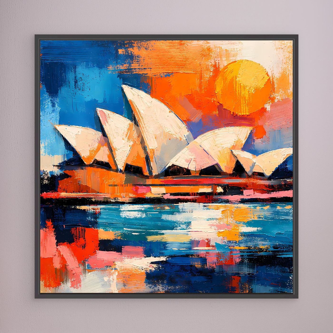 Abstract architecture wall art print with black frame, blue-orange brushstrokes and sails