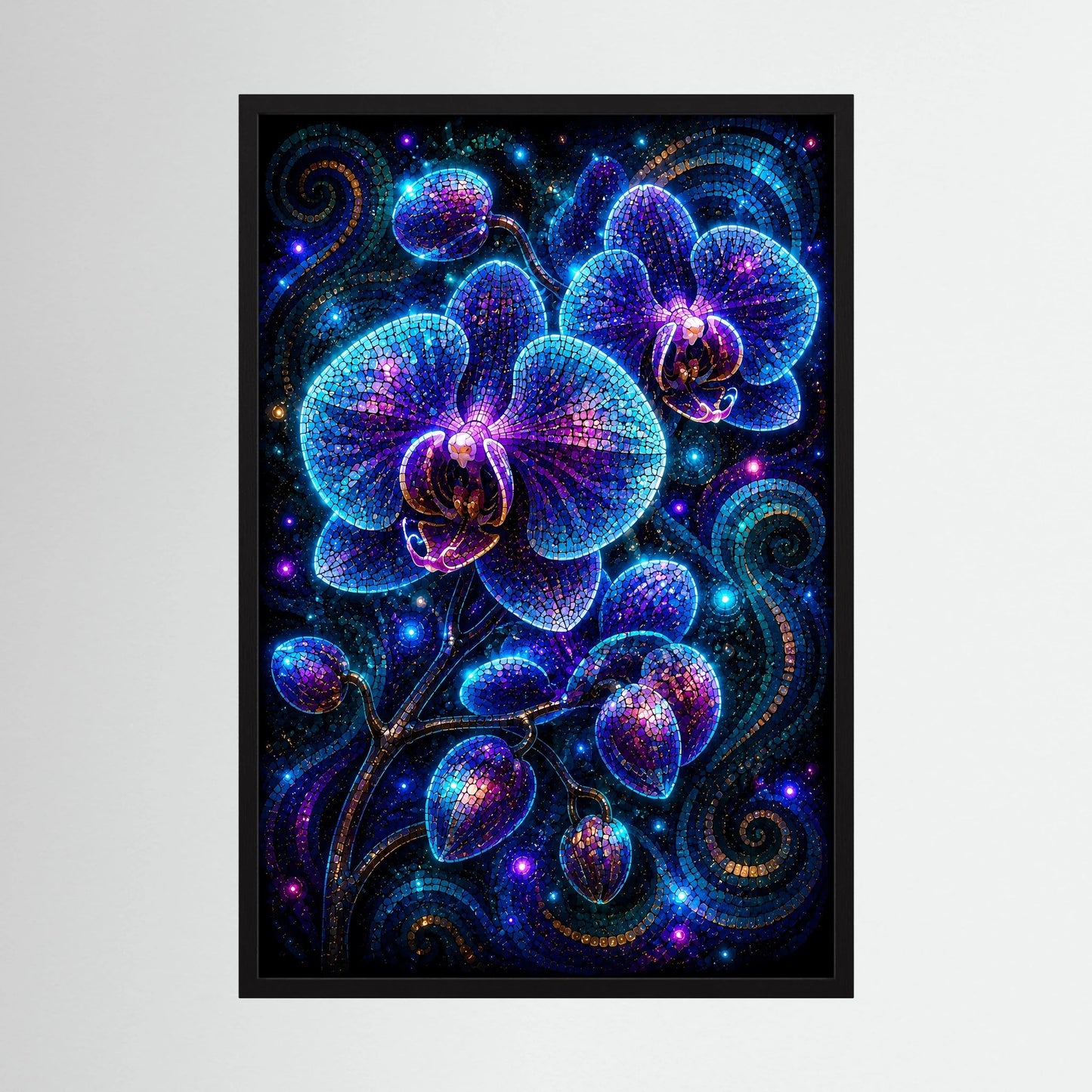 Gerahmtes Poster mit leuchtenden blau-violetten Orchideen-Mosaiken, schwarzer Rahmen