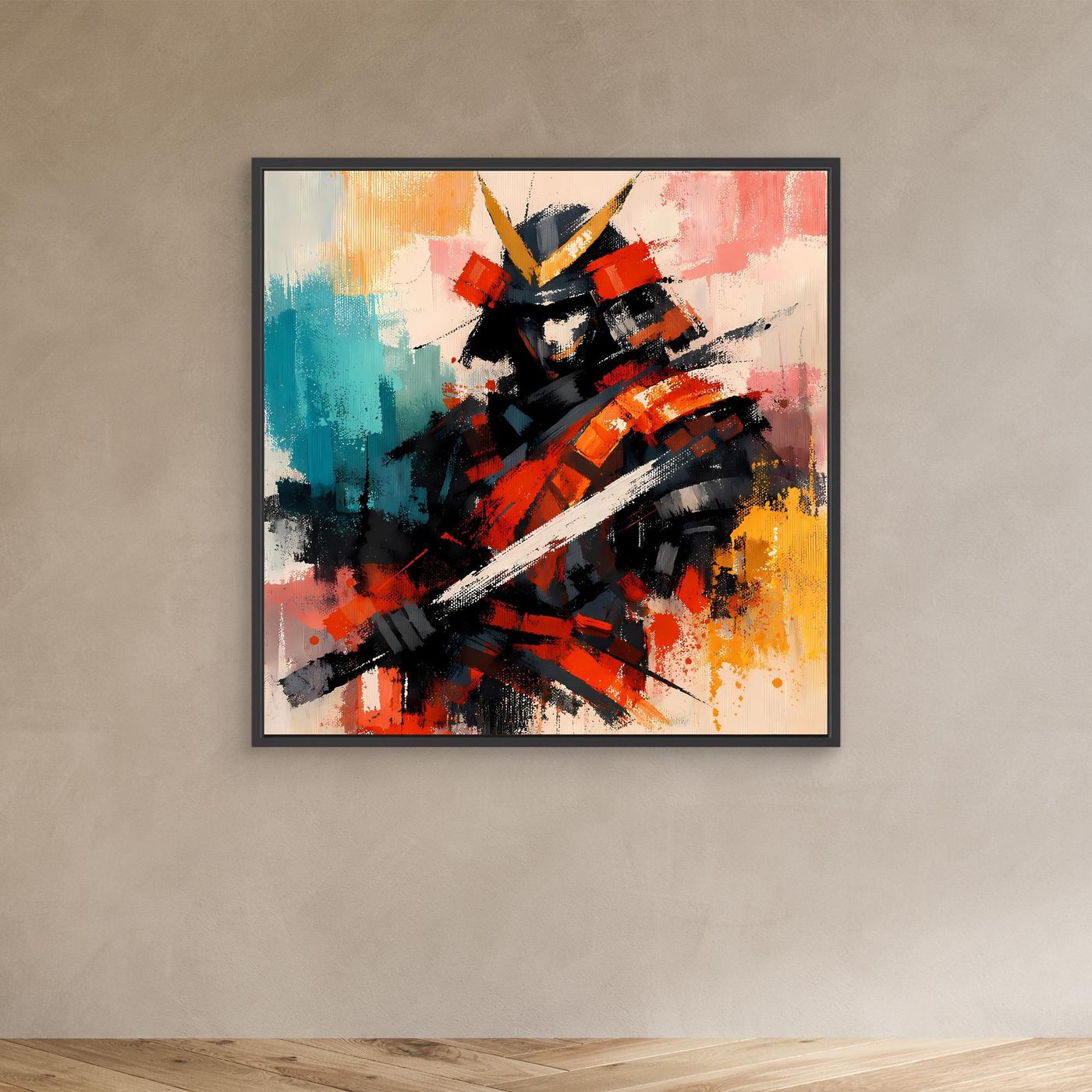 Leinwandbild mit schwarzem Rahmen: abstrakter Samurai-Krieger, schwarzer Helm, Sprenkel in Orange/Blau
