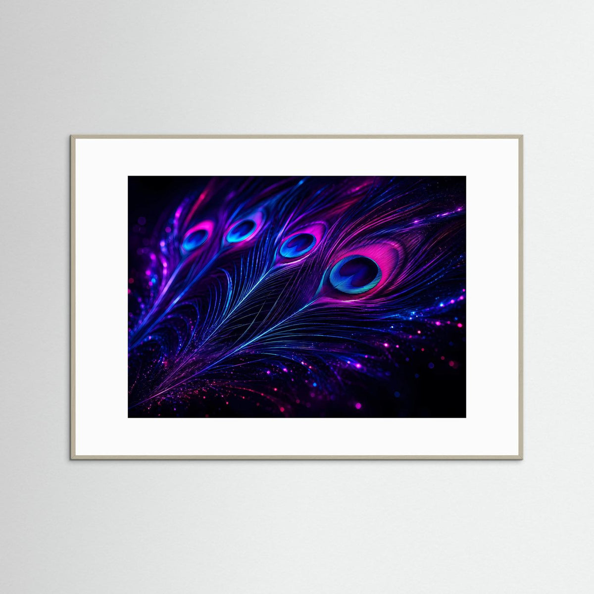Leuchtende Pfauenfeder-Wandkunst mit Neon-Feder, magenta und blau, grau gerahmt