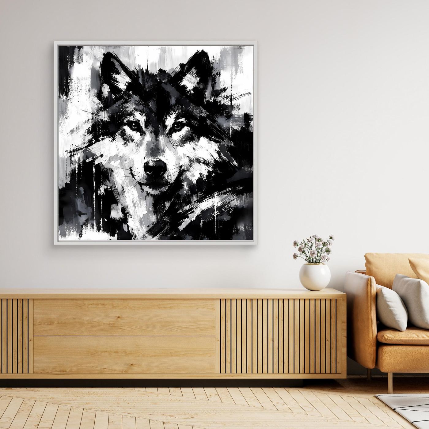 Gerahmtes Leinwand-Wandbild mit abstraktem Wolfskopf in Schwarzweiß, heller Rahmen