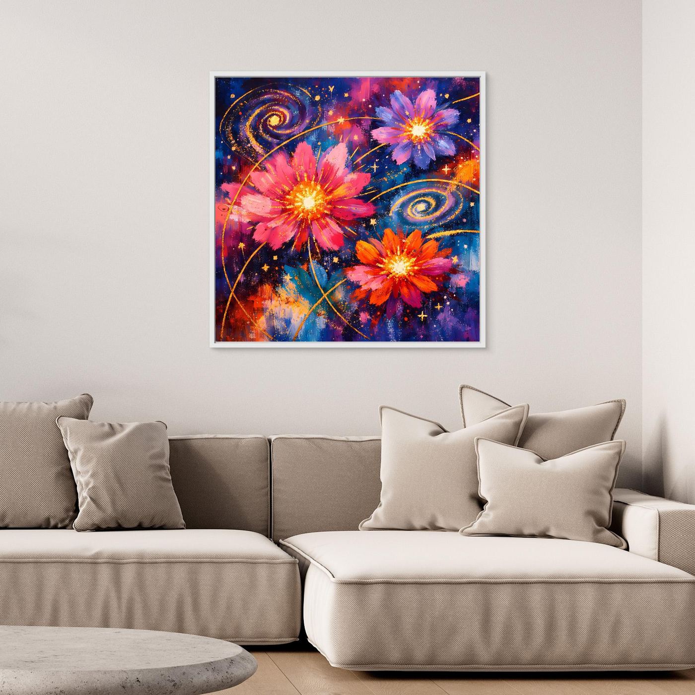 Leinwand-Wandbild mit kosmischen Blüten, Sternen und Spiralnebeln im weißen Rahmen.