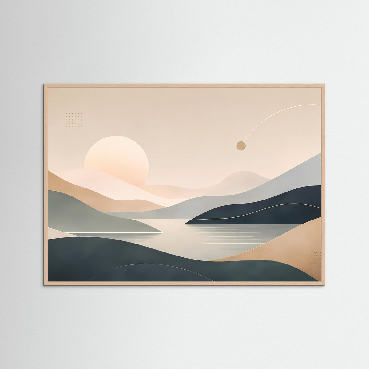 Horizontales Poster mit abstrakter Landschaft, Sonne, Beige- und Blautönen, Roséholz-Rahmen