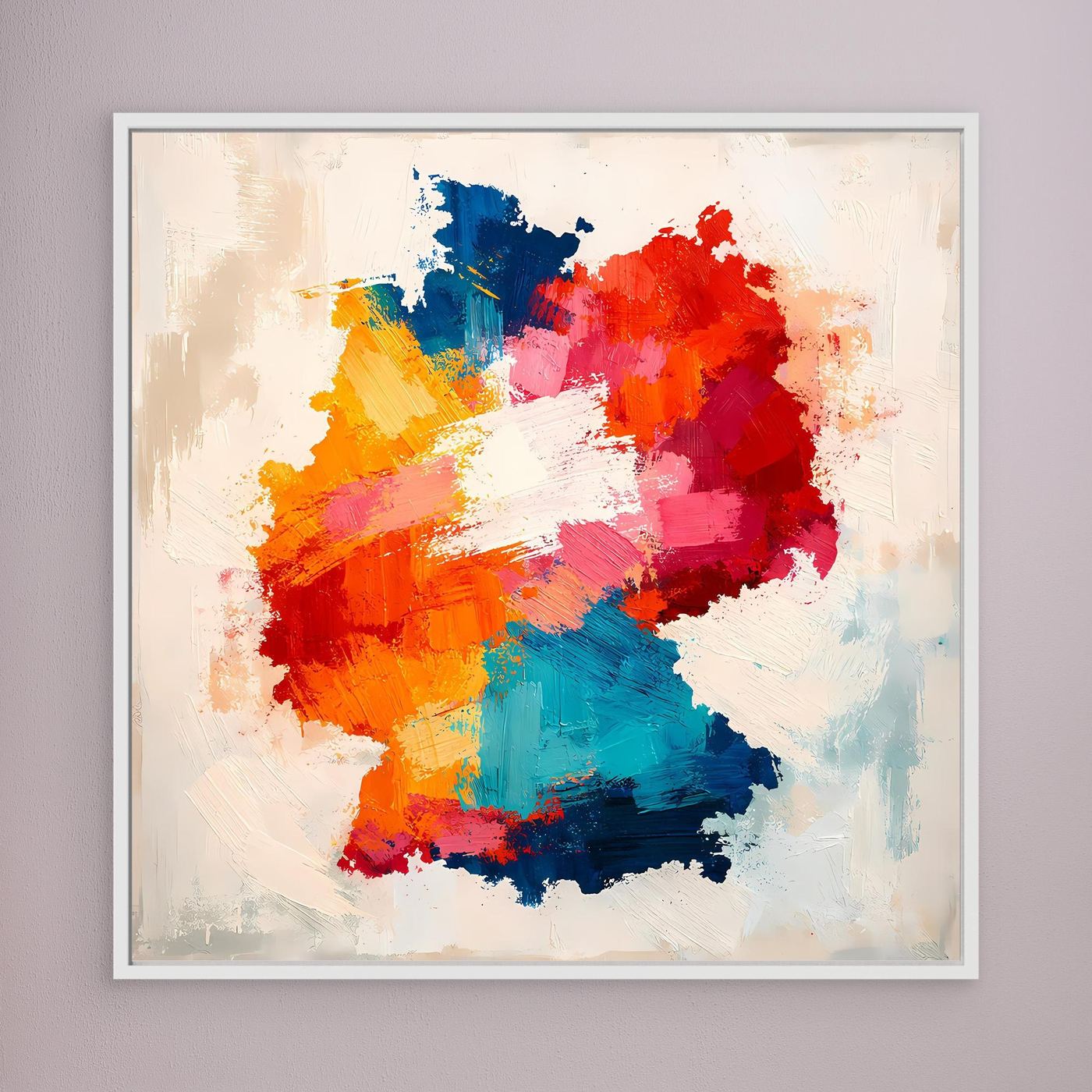 Framed abstract canvas wall art with colorful map silhouette, white frame