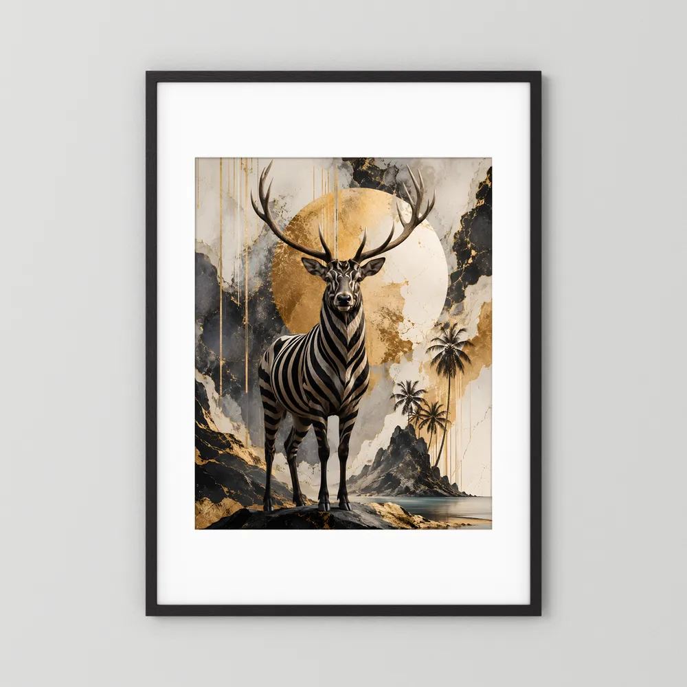 Kunstposter im Hochformat im schwarzen Rahmen: Zebramuster-Hirsch mit goldenen Akzenten