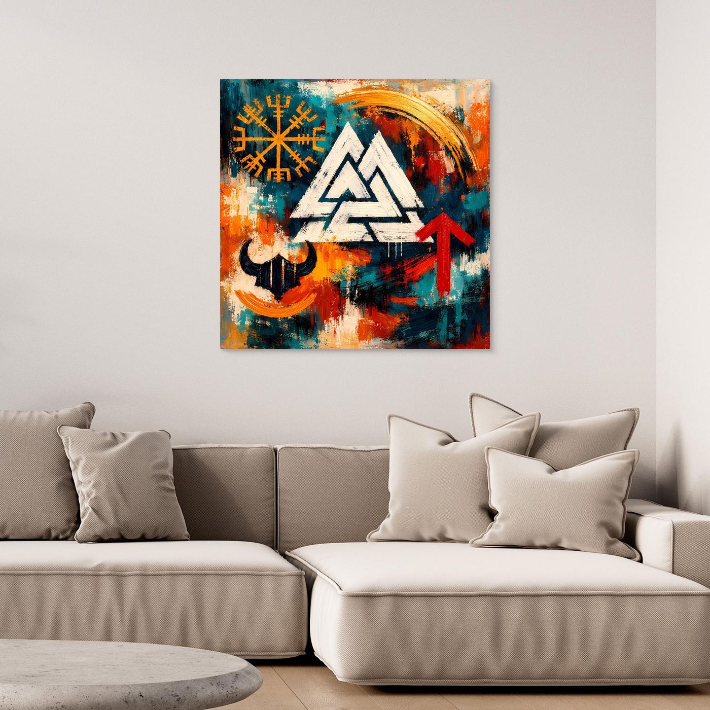 Wandbild mit Wikinger-Symbolen: Dreiecksmotiv, Runen und roter Pfeil