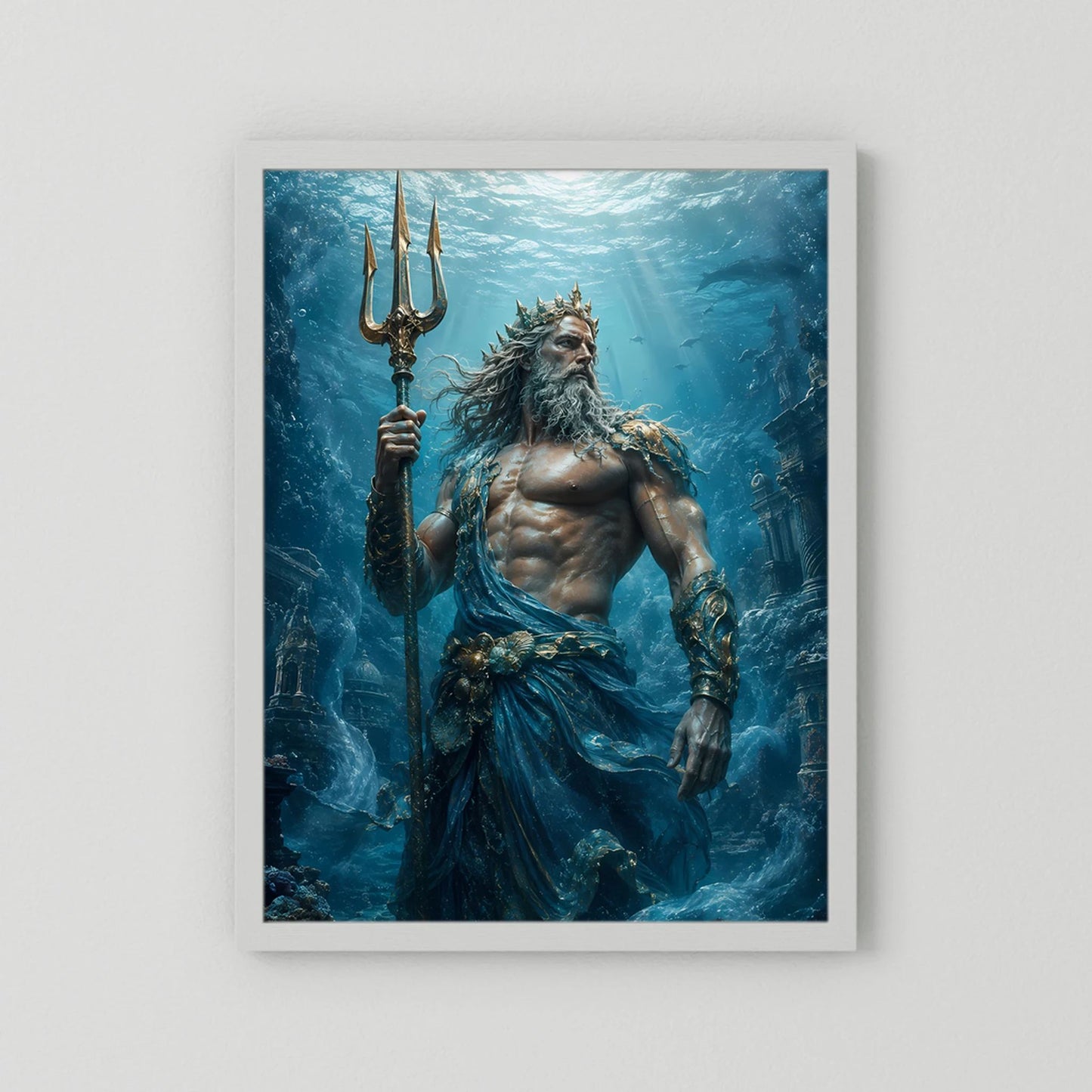 Vertikales Poster mit Poseidon und goldenem Dreizack, weißer Rahmen