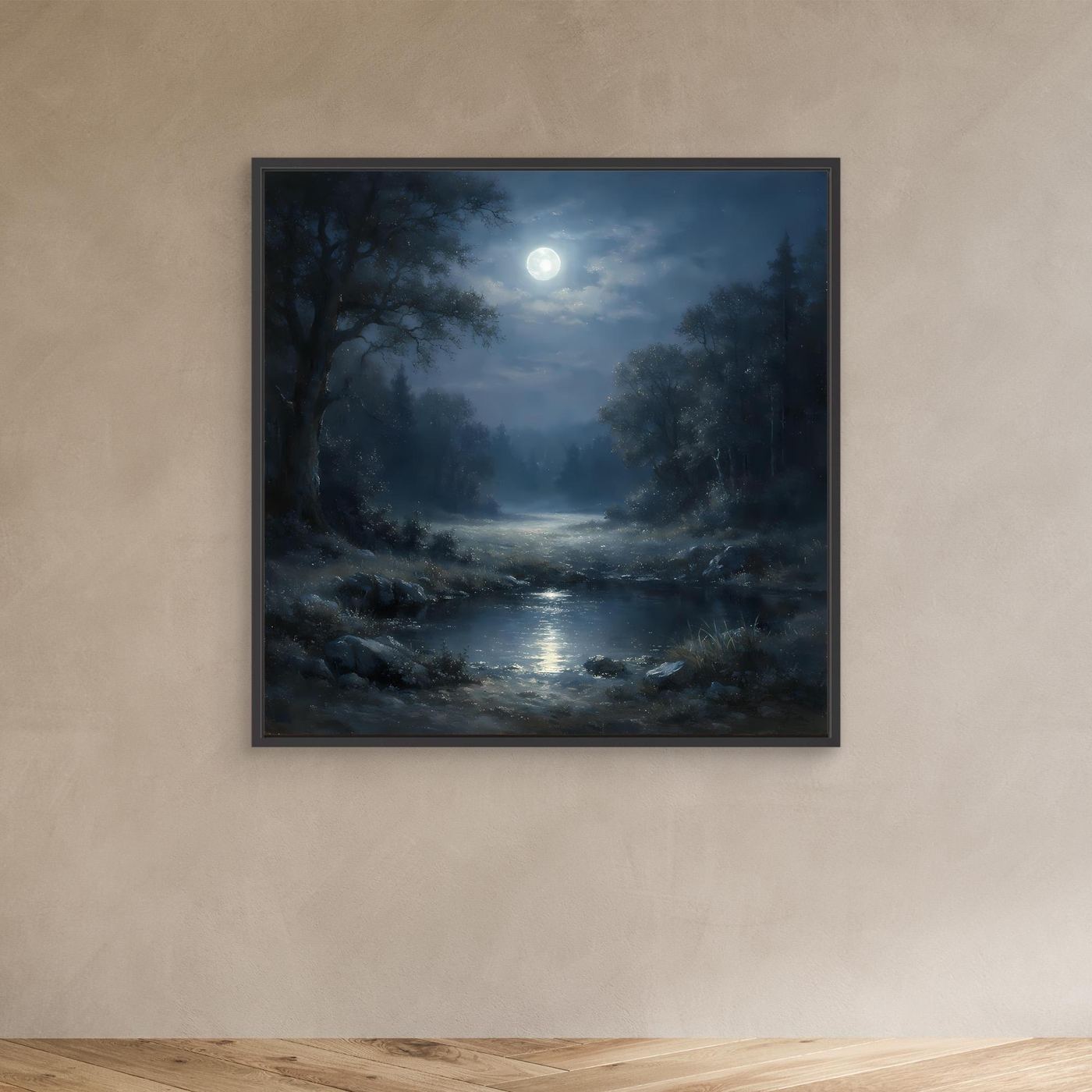 Leinwandbild Nachtwald mit Fluss und hellem Mond, Nebelstimmung, im schwarzen Rahmen