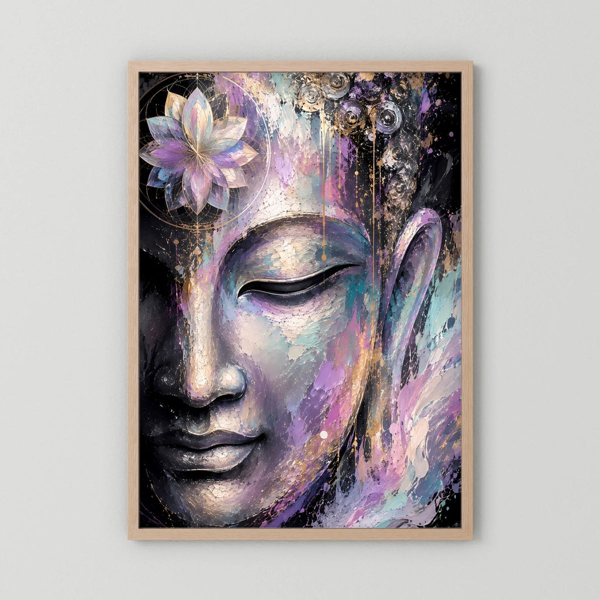 Kunstposter im Holzrahmen mit abstraktem Buddha-Gesicht, goldene Akzente und Lotus