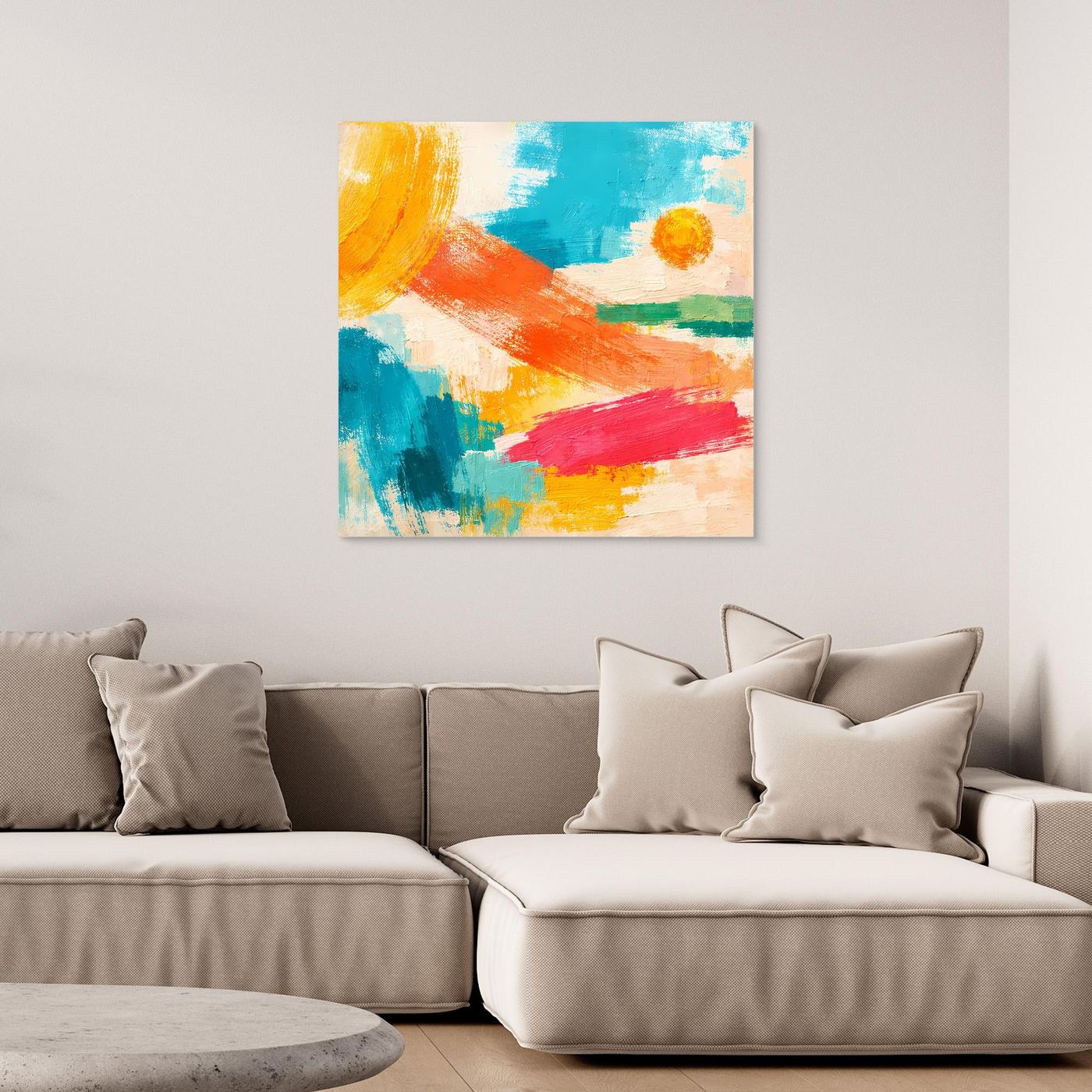 Unframed abstract wall art with blue, orange, pink, and yellow brushstrokes
