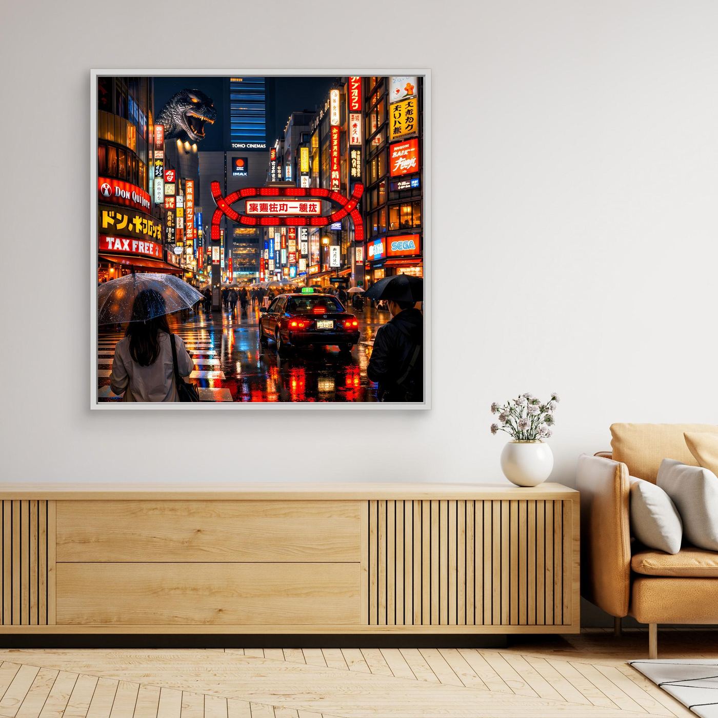 Leinwand Pulsierendes Tokio bei Nacht | Urbanes Kabukicho Kaiju Wandbild