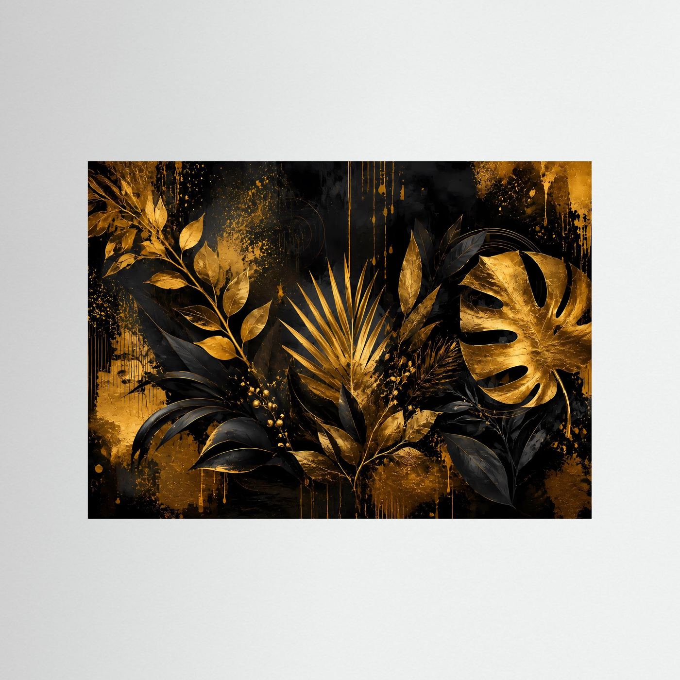 Tropenblatt-Poster im Querformat mit goldenen Blättern auf dunklem Hintergrund