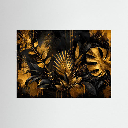 Tropenblatt-Poster im Querformat mit goldenen Blättern auf dunklem Hintergrund