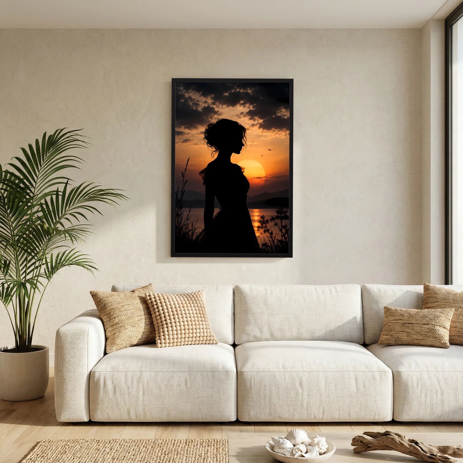 Poster mit Silhouette einer Frau am Sonnenuntergang im schwarzen Rahmen
