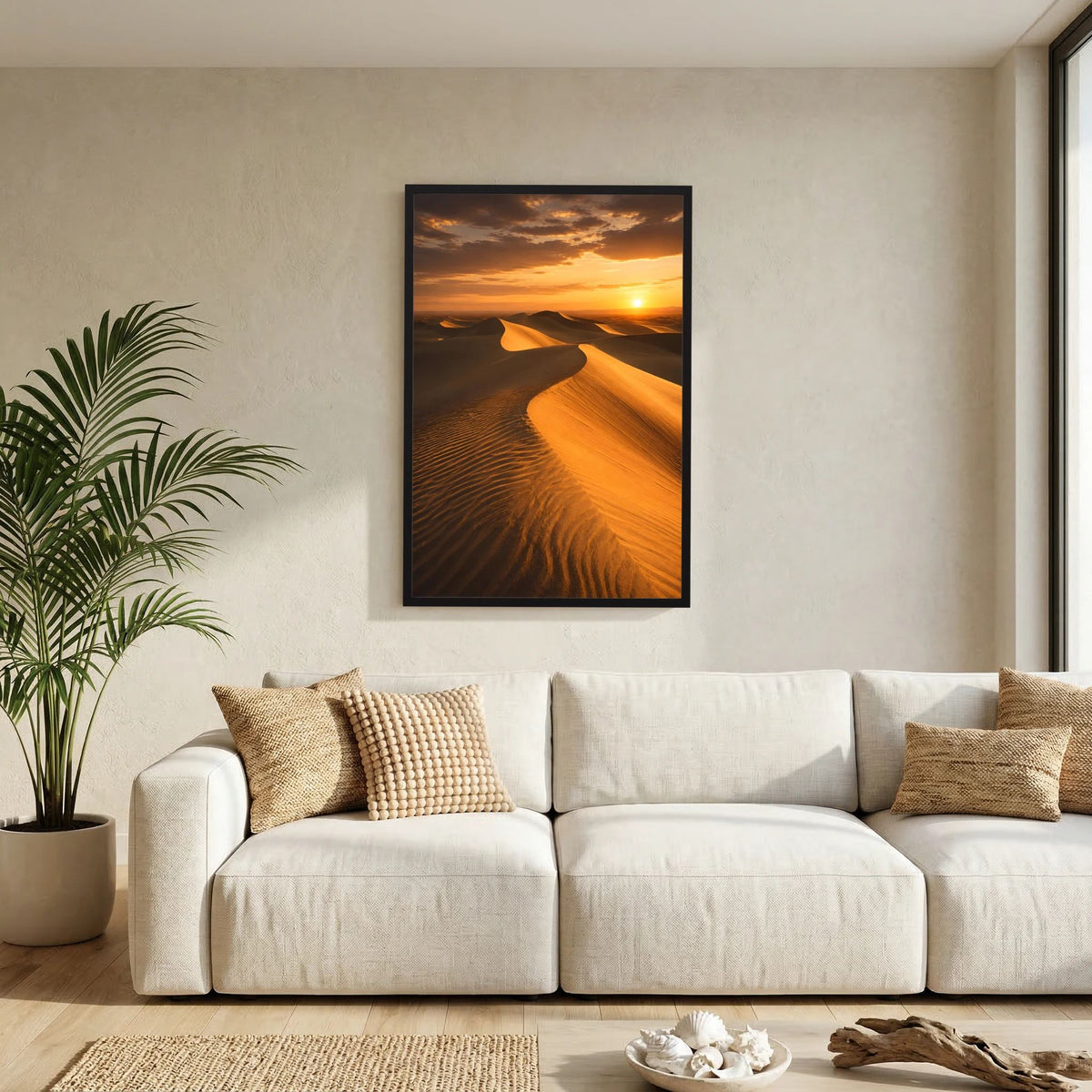 Poster mit Sanddünen und Orange-Sonnenuntergang, schwarzer Rahmen im Hochformat