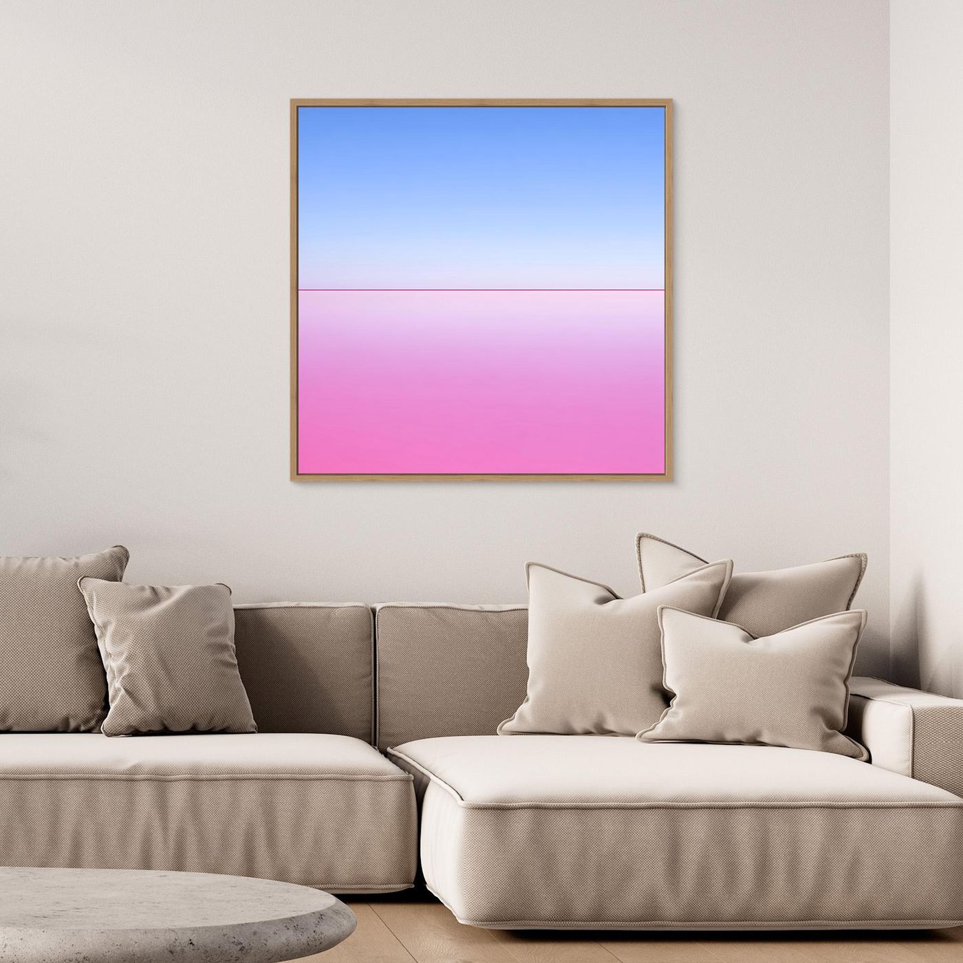 Abstraktes Horizont-Leinwandbild mit Blau-Pink-Verlauf, quadratisch, Eichenrahmen