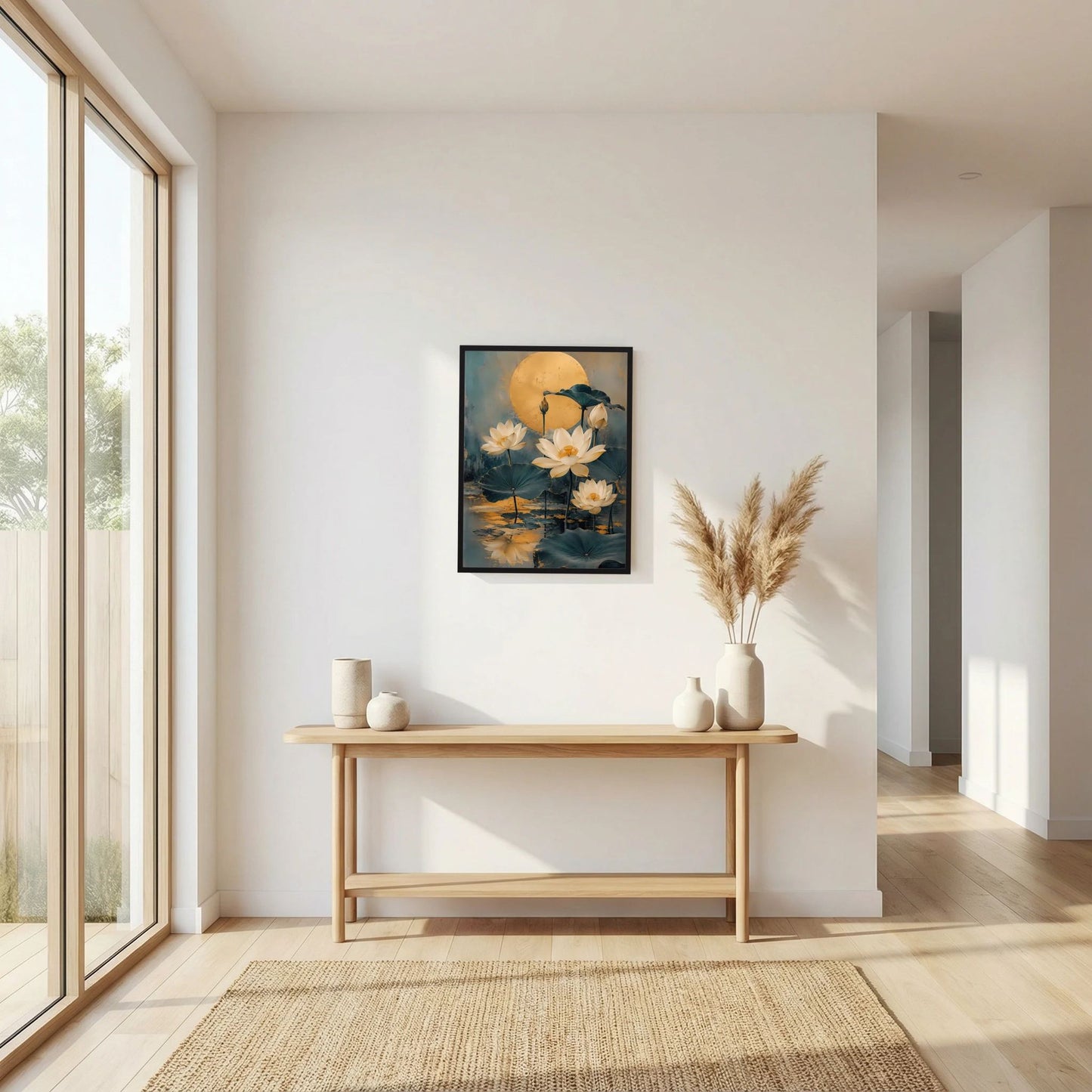 Hochformat-Poster mit goldener Lotusblüte und rundem Mondmotiv