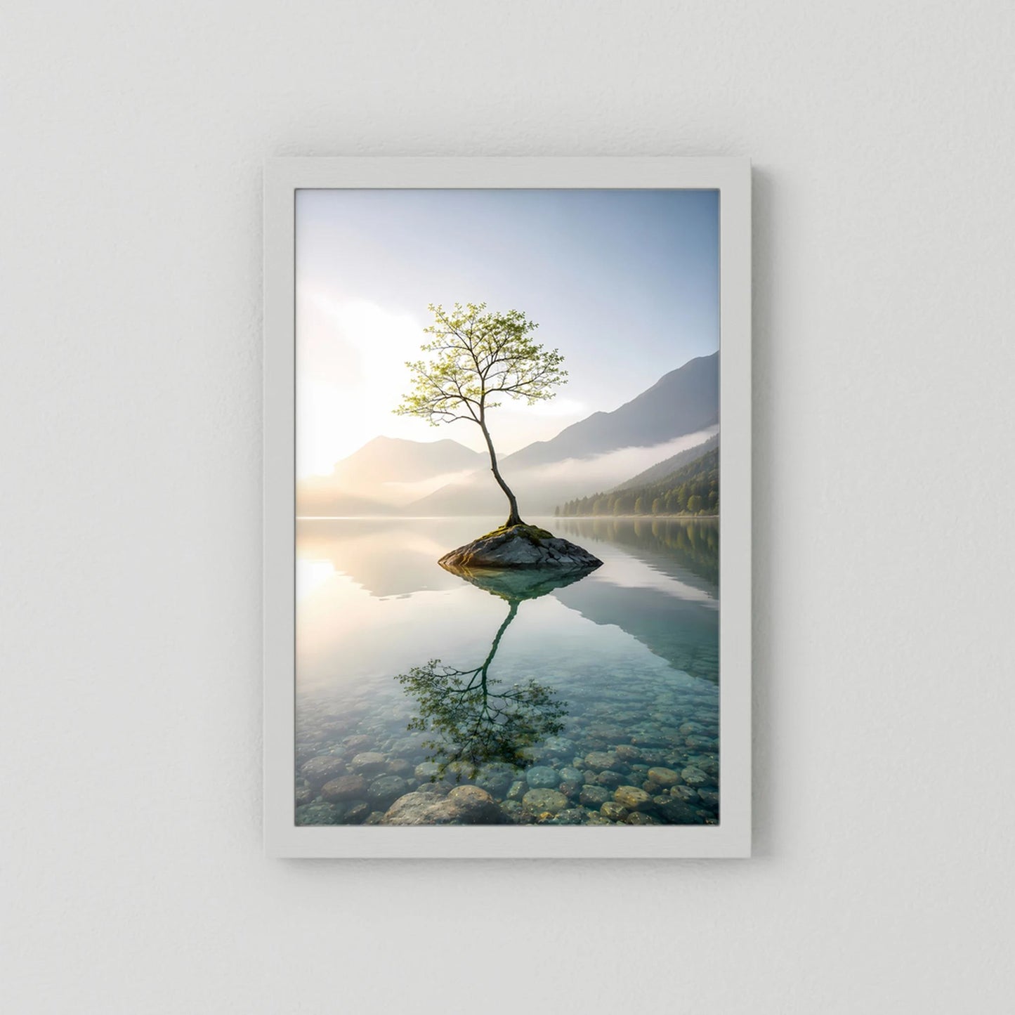 Einsamer Baum im Bergsee | Minimalistische Natur mit Spiegelung | Poster Hochformat