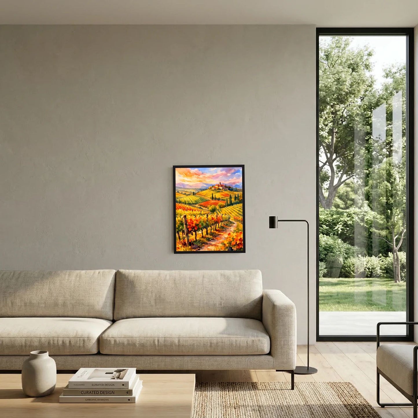Wandbild-Poster mit Toskana-Landschaft: Weinreihen und Feldweg, gerahmt in dunklem Rahmen