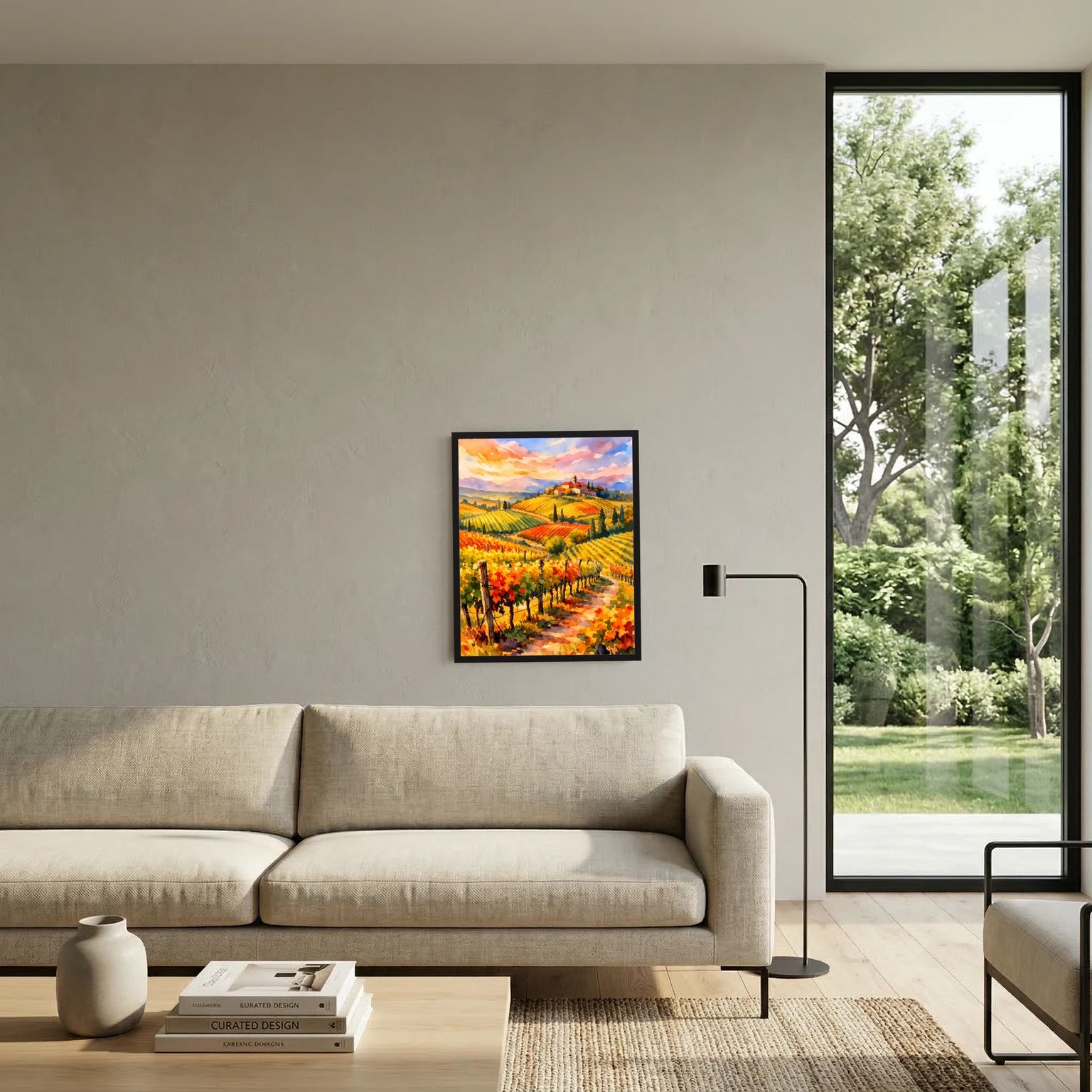 Wandbild-Poster mit Toskana-Landschaft: Weinreihen und Feldweg, gerahmt in dunklem Rahmen