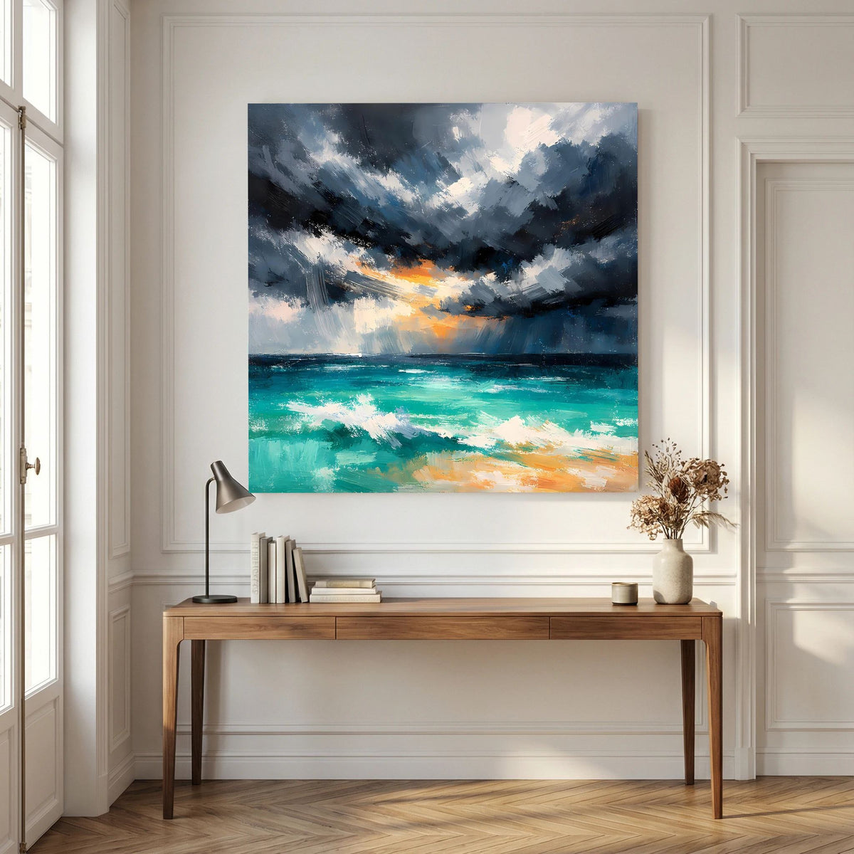 Abstraktes Wandbild mit Sturmwolken, türkisgrünem Wasser und orangefarbenem Licht im Horizont