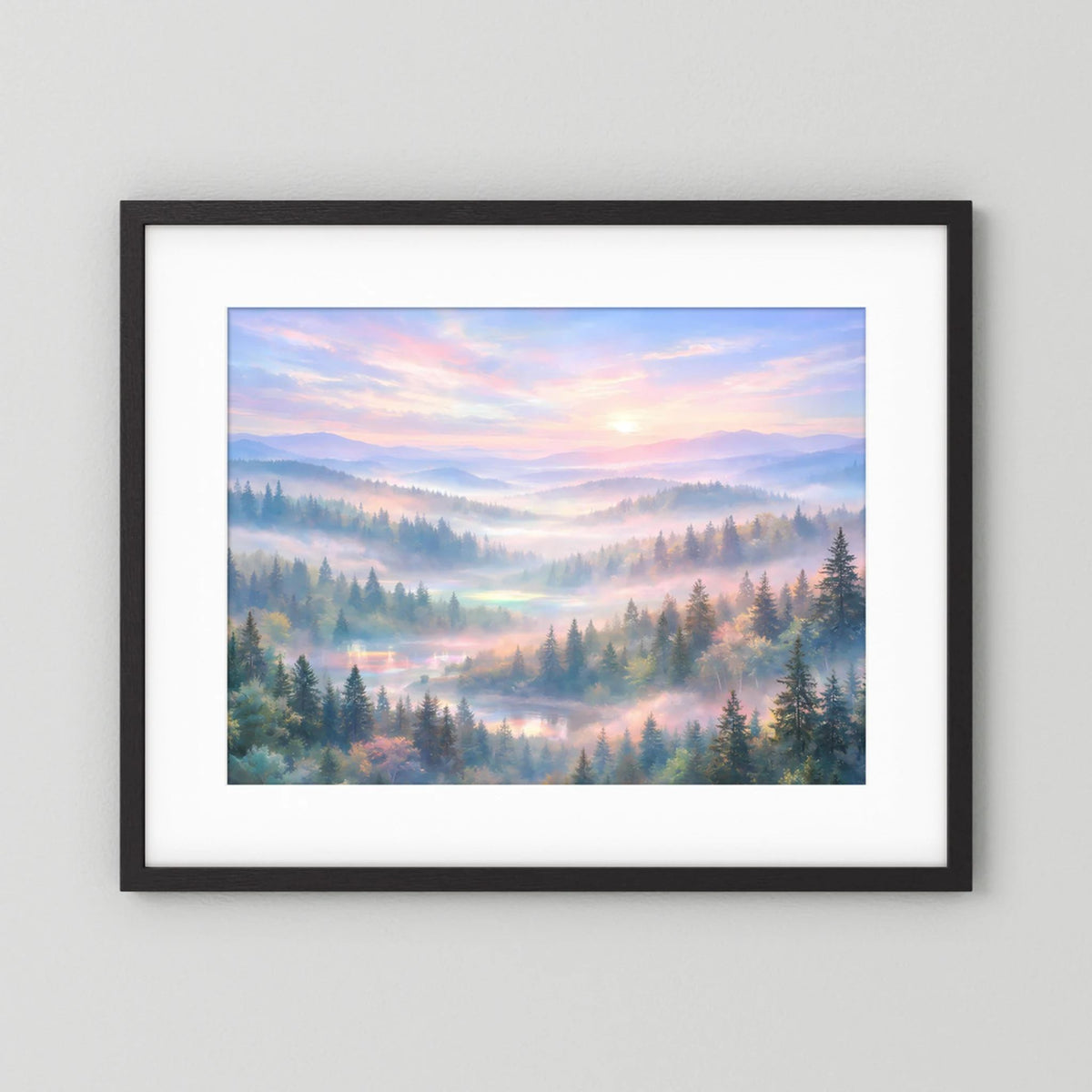 Wandposter querformat mit Waldlandschaft im Morgendunst, schwarzer Rahmen
