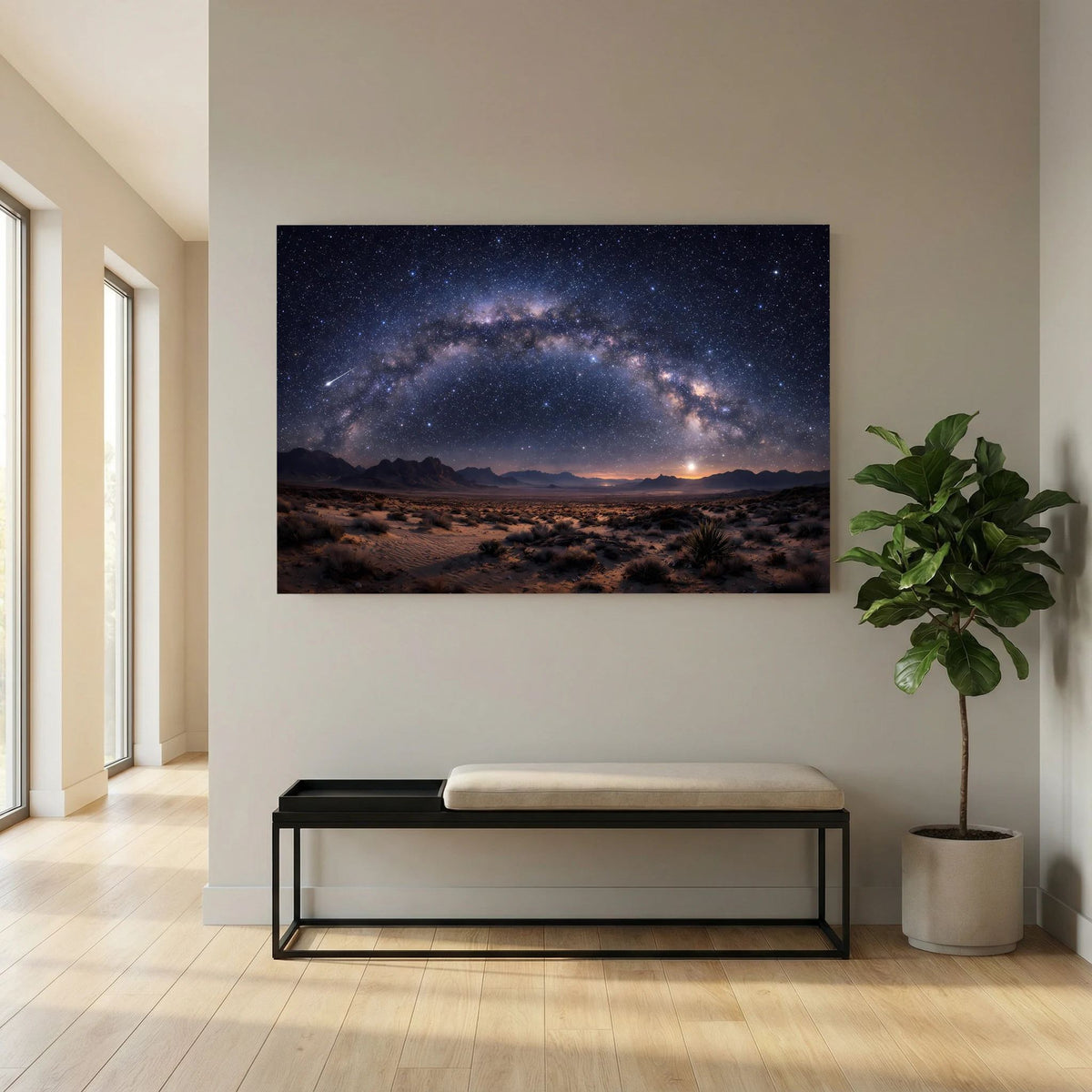 Wandbild Querformat mit Milchstraße über Wüste bei Nacht und leuchtendem Himmel