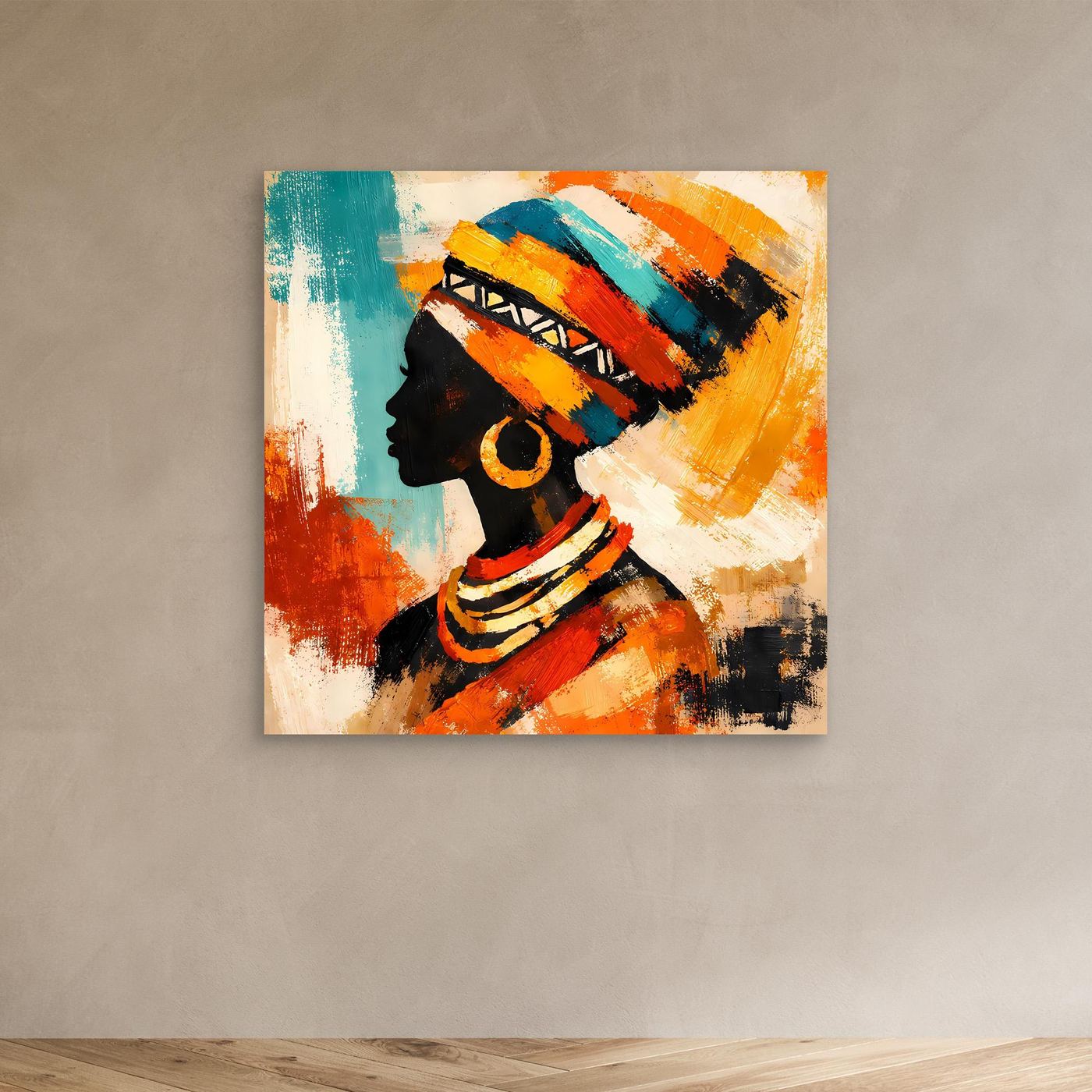 Abstract profile woman canvas art with teal and orange strokes, black silhouette, red necklace