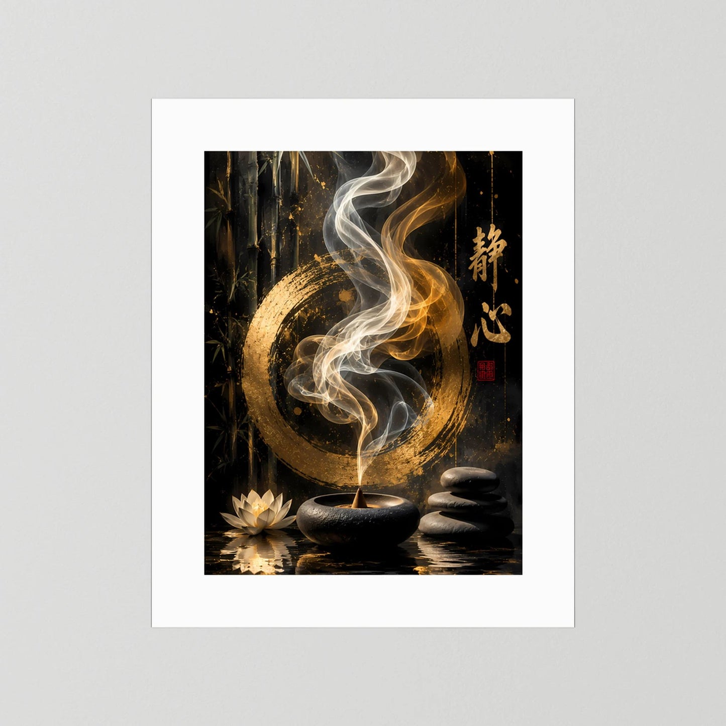 Hochformatiges Poster ohne Rahmen mit weißem Rand, goldener Kreis, Rauch und Meditationssteine