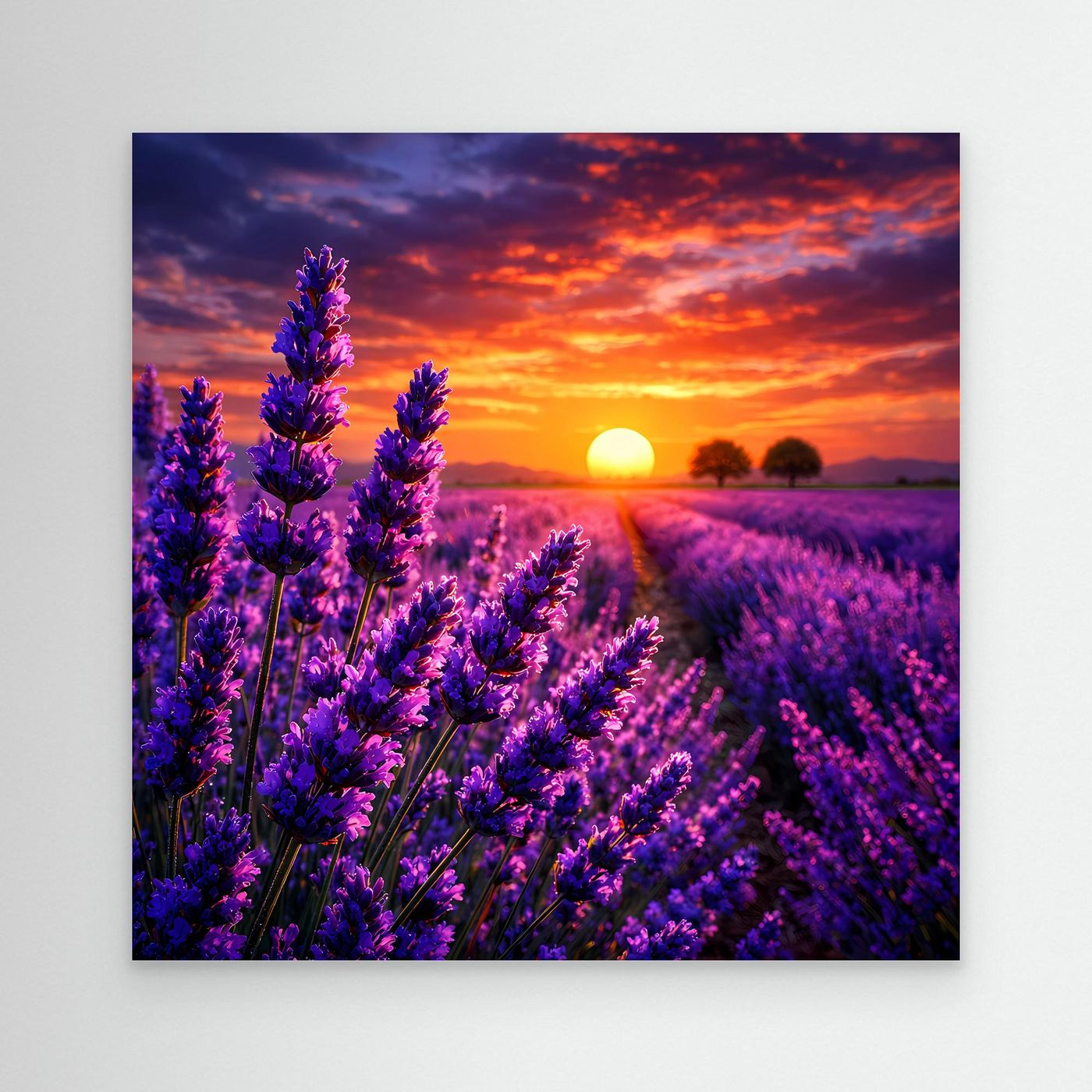 Leinwandbild mit Lavendelfeld und Sonnenuntergang, violette Blütenähren im Vordergrund.