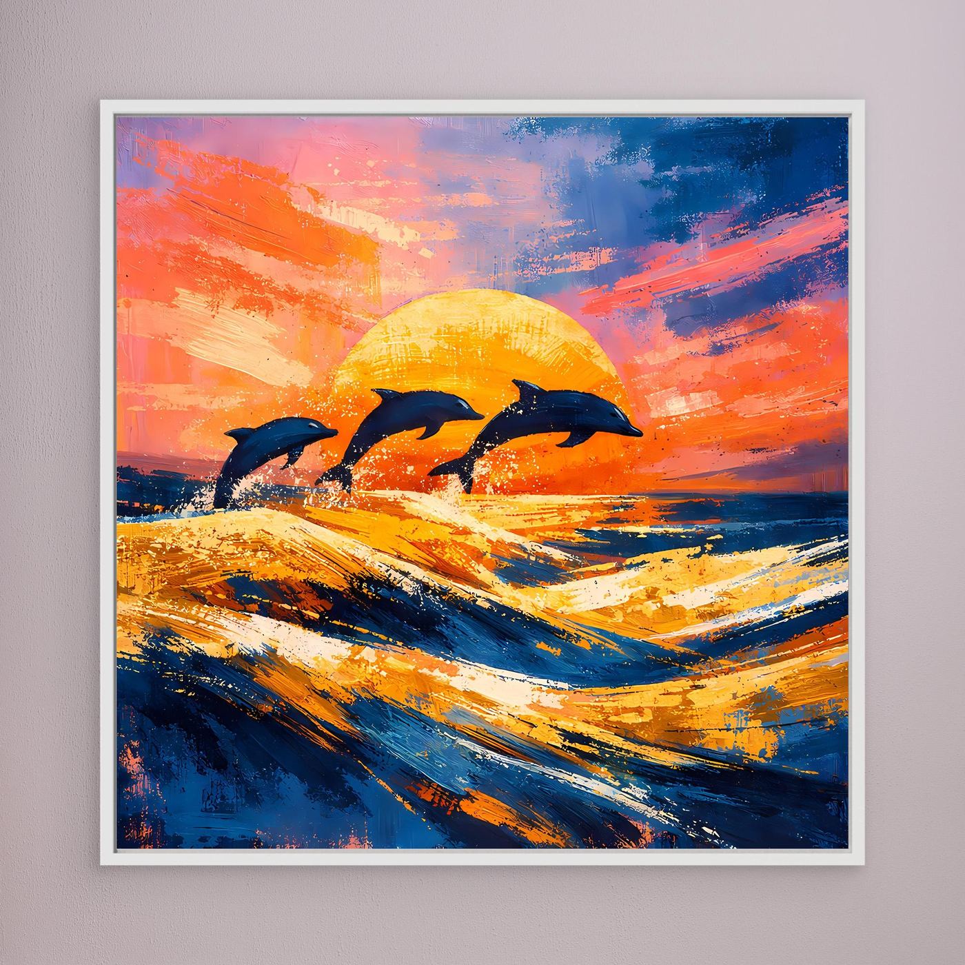Leinwand Springende Delphine im Sonnenuntergang | Abstraktes Ozean & Meer Wandbild