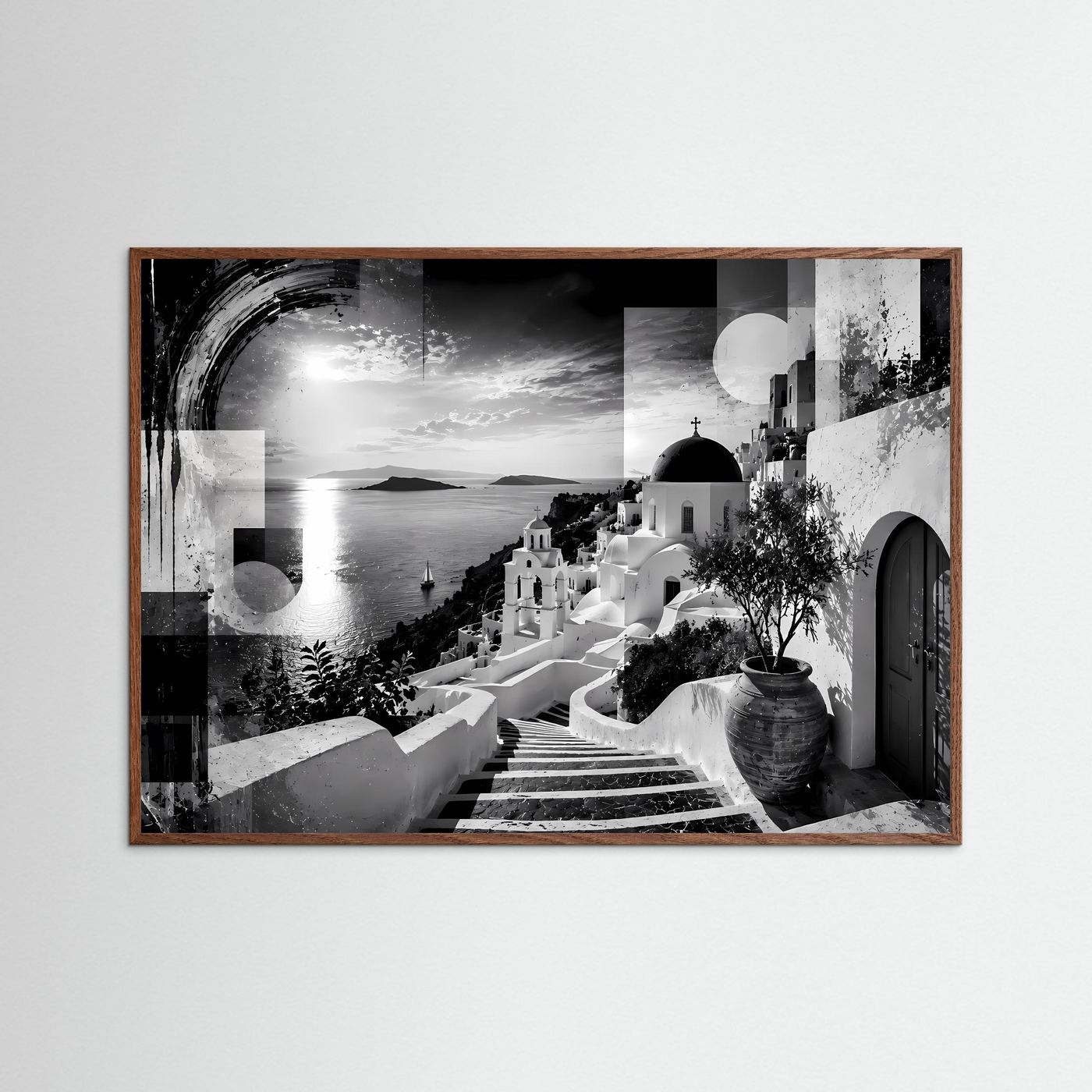 Santorini in Schwarz-Weiß | Abstrakte Griechenland Wandkunst mit Meerblick