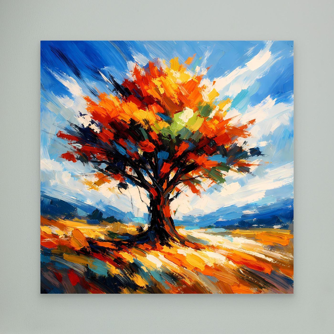 Leinwandbild mit Herbstbaum in Impasto-Optik, orange-gelbe Kronen, dynamische Pinselstriche