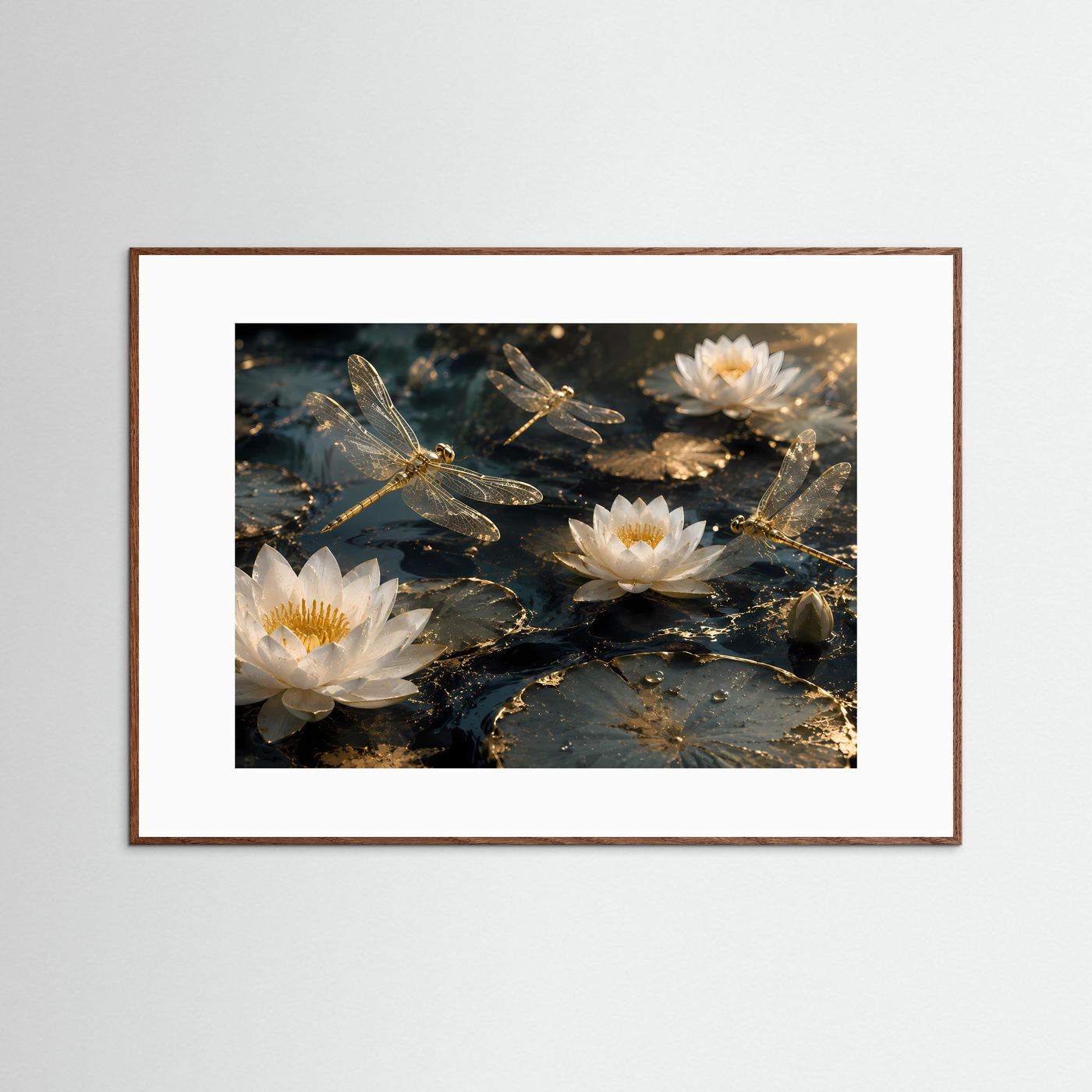 Weiße Lotusblüten Poster | Goldene Libellen über Seerosen | Elegantes Zen Wandbild | Luxuriöse Botanische Wandkunst | Premium Wall Art