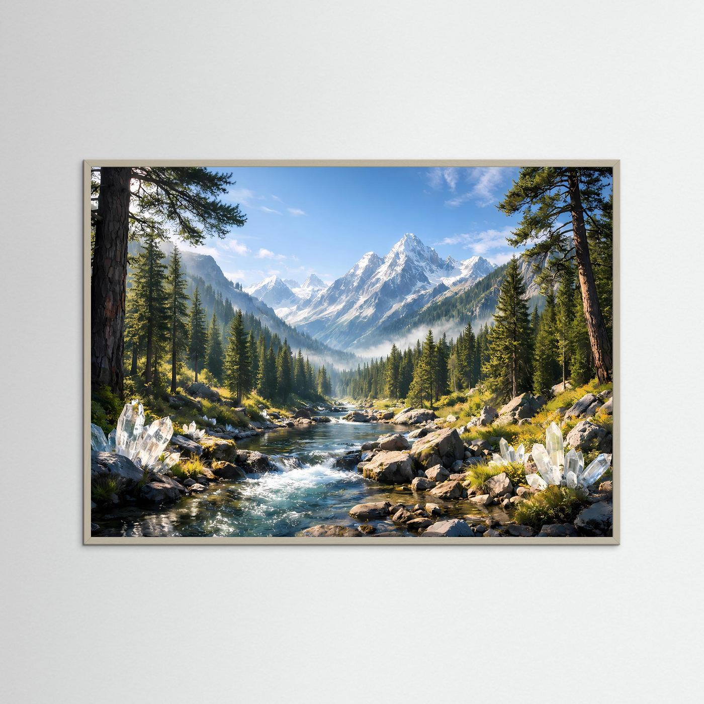 Panoramaposter Bergfluss in den Alpen mit Kristallen, Berge und Tannen, grauer Rahmen