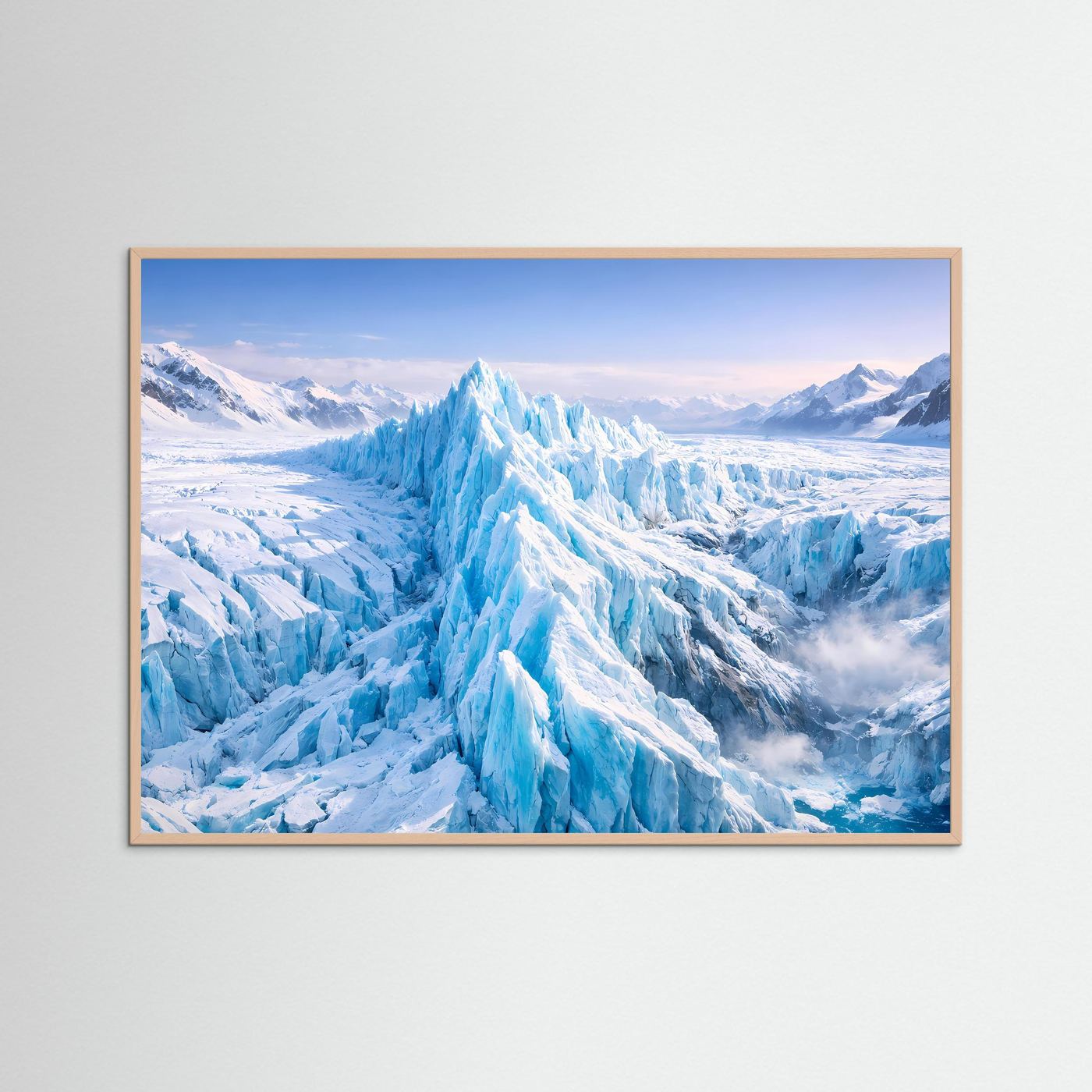 Winterposter mit Eisgletscher-Panorama im Roséholzrahmen, Blick über schneebedeckte Täler