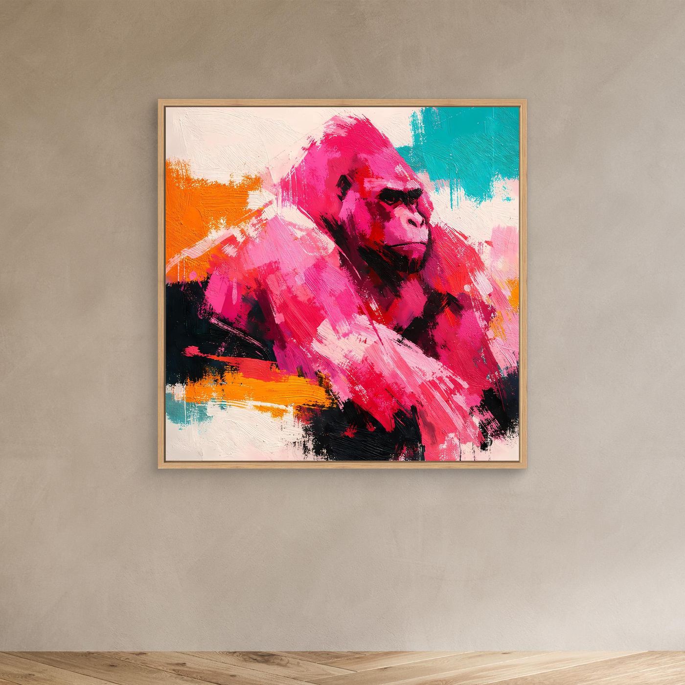 Abstraktes Gorilla-Pop-Art-Leinwandbild im Eichenrahmen mit Pink-, Orange- und Türkisfarbverläufen