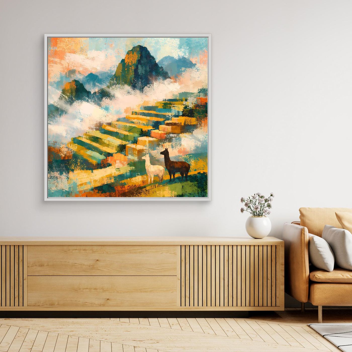 Abstraktes Wandbild mit bunten Terrassen und Lamas, im weißen Rahmen