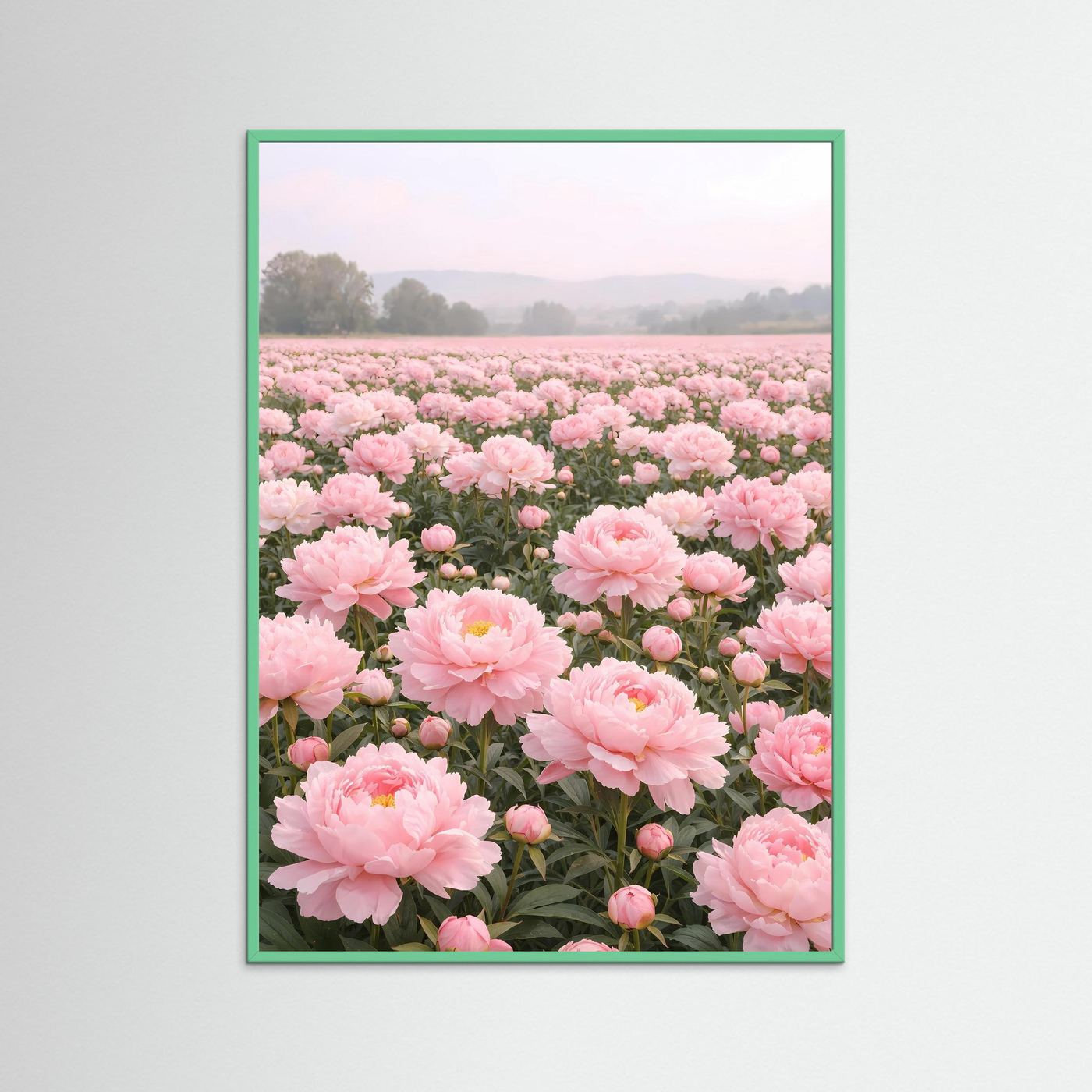 Poster Pfingstrosenfeld im Morgendunst | Rosa Blumenwiese Wandbild
